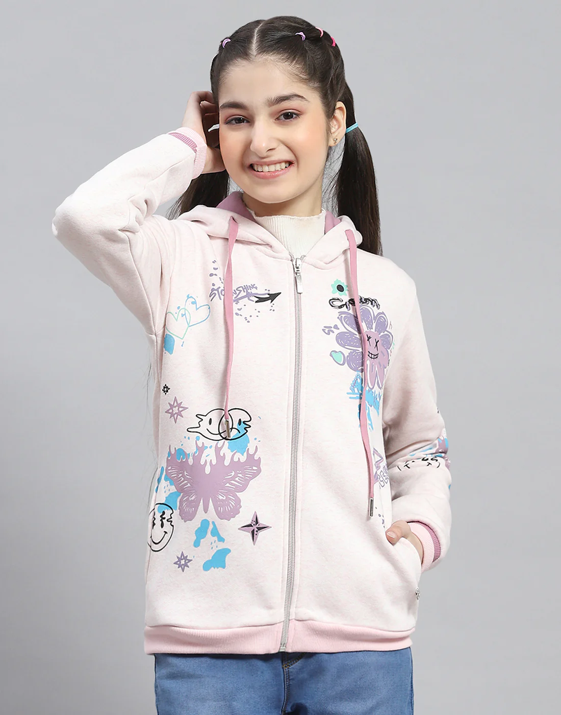 Girls Pink Printed Hooded Full Sleeve Sweatshirt - Image 2