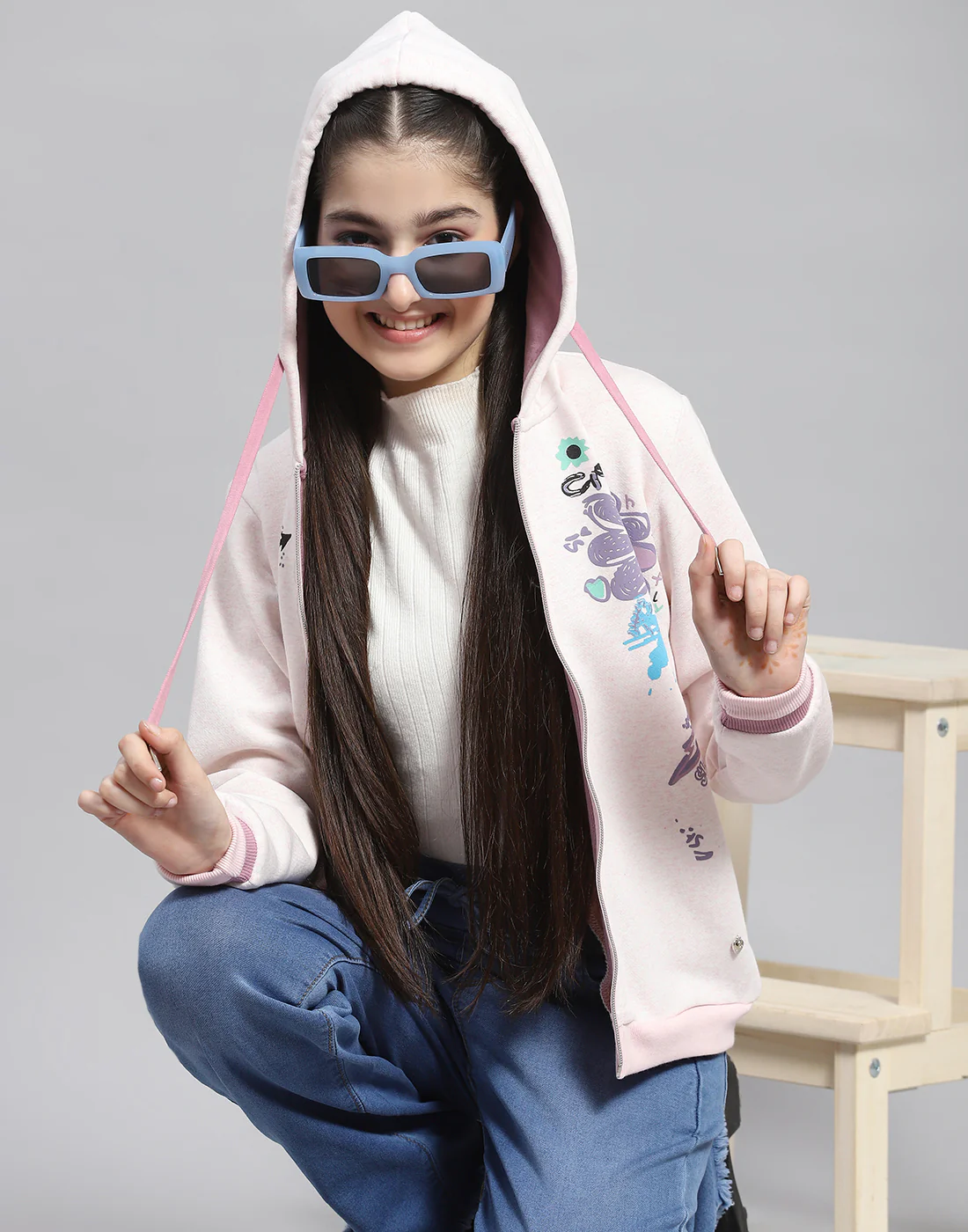 Girls Pink Printed Hooded Full Sleeve Sweatshirt - Image 6