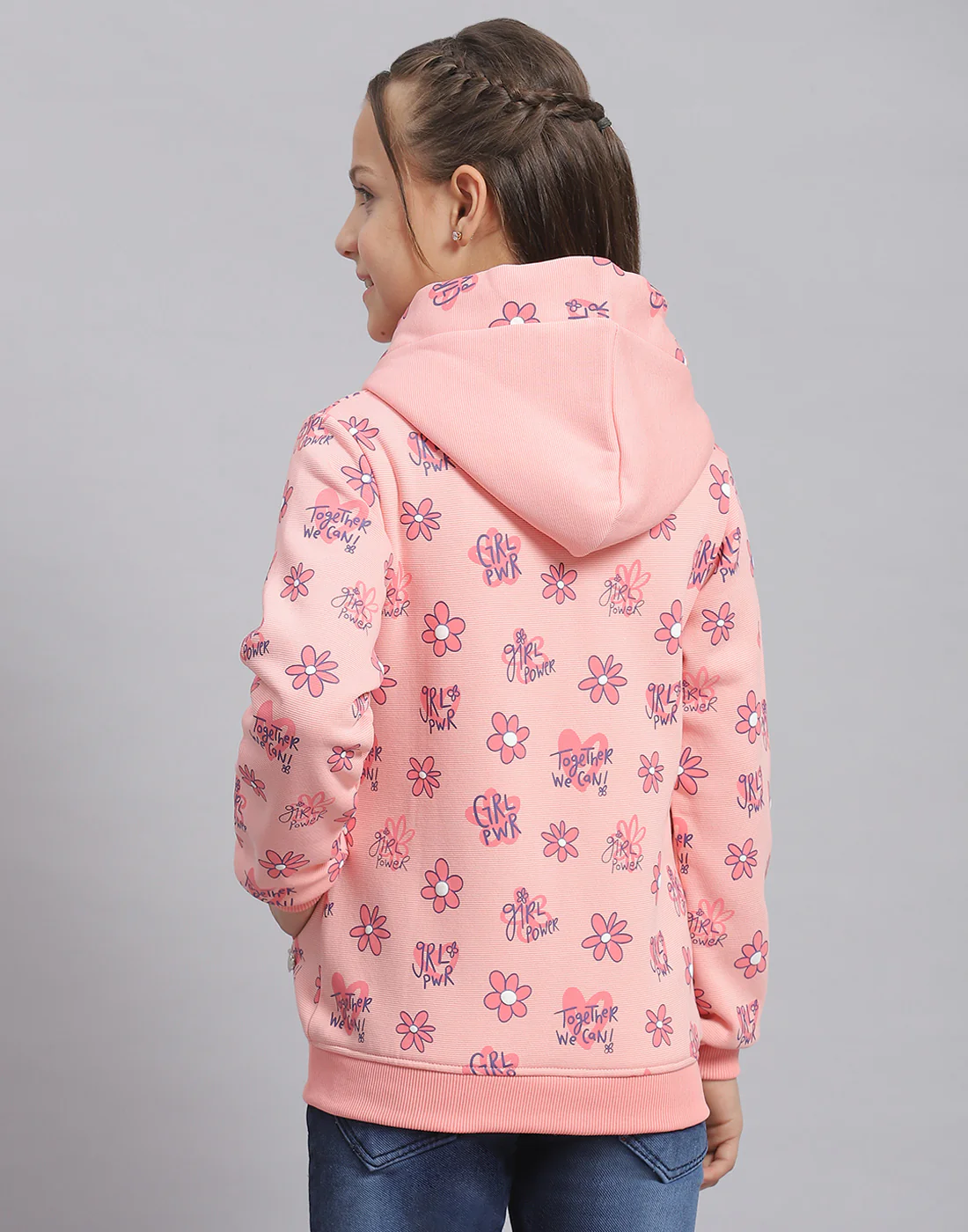 Girls Pink Printed Hooded Full Sleeve Sweatshirt - Image 6