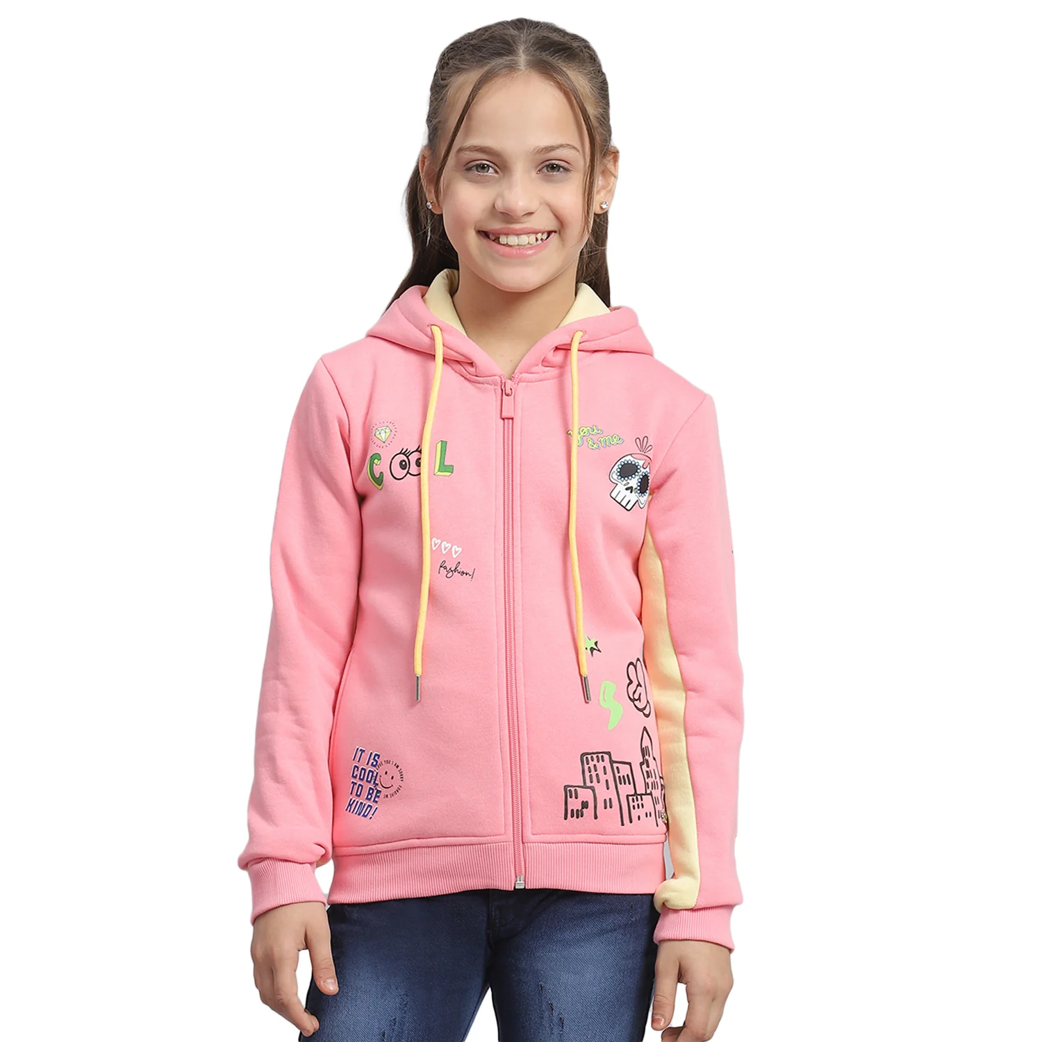 Girls Pink Printed Hooded Full Sleeve Sweatshirt - Image 5