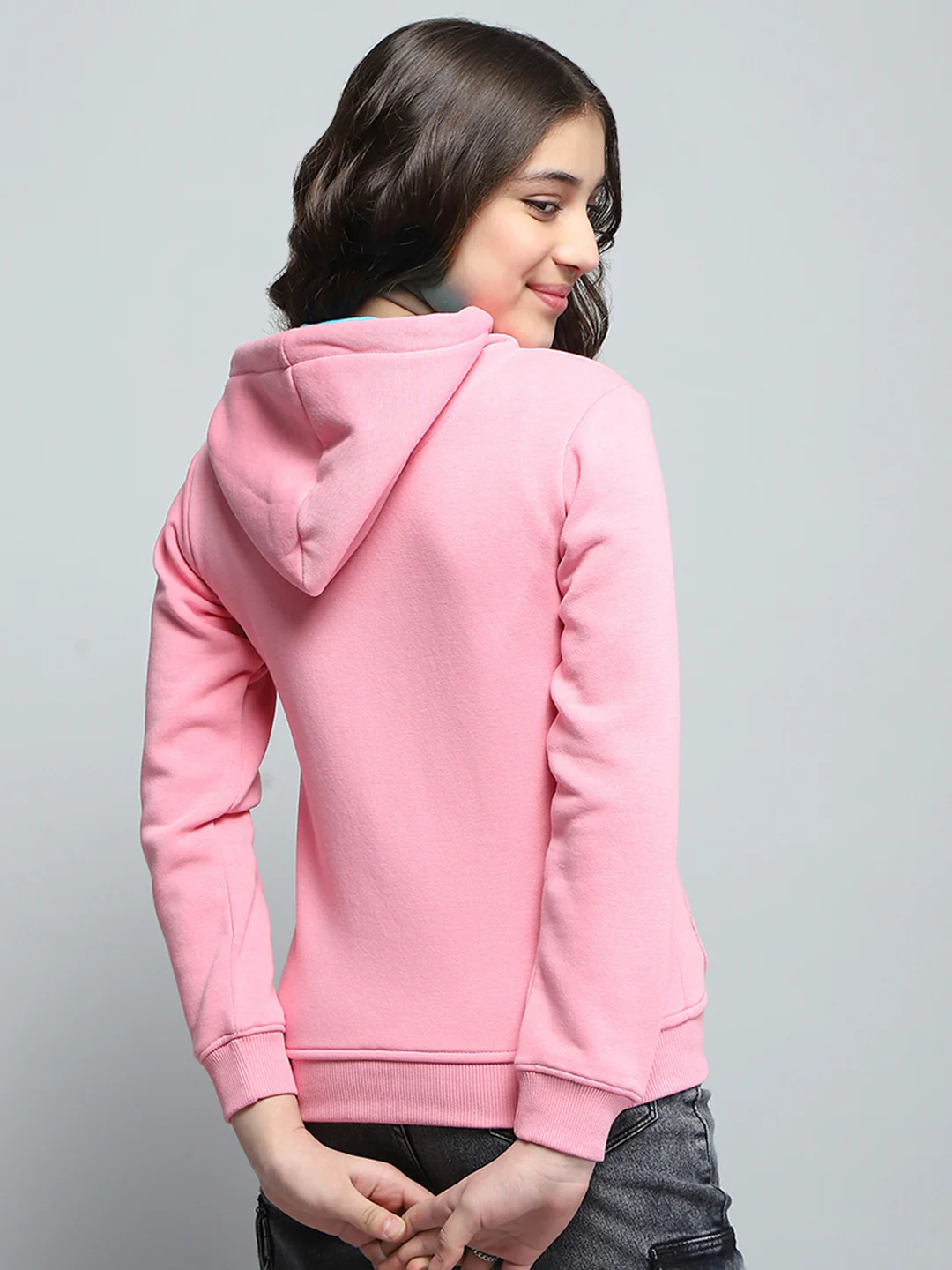 Girls Pink Printed Hooded Full Sleeve Sweatshirt - Image 5