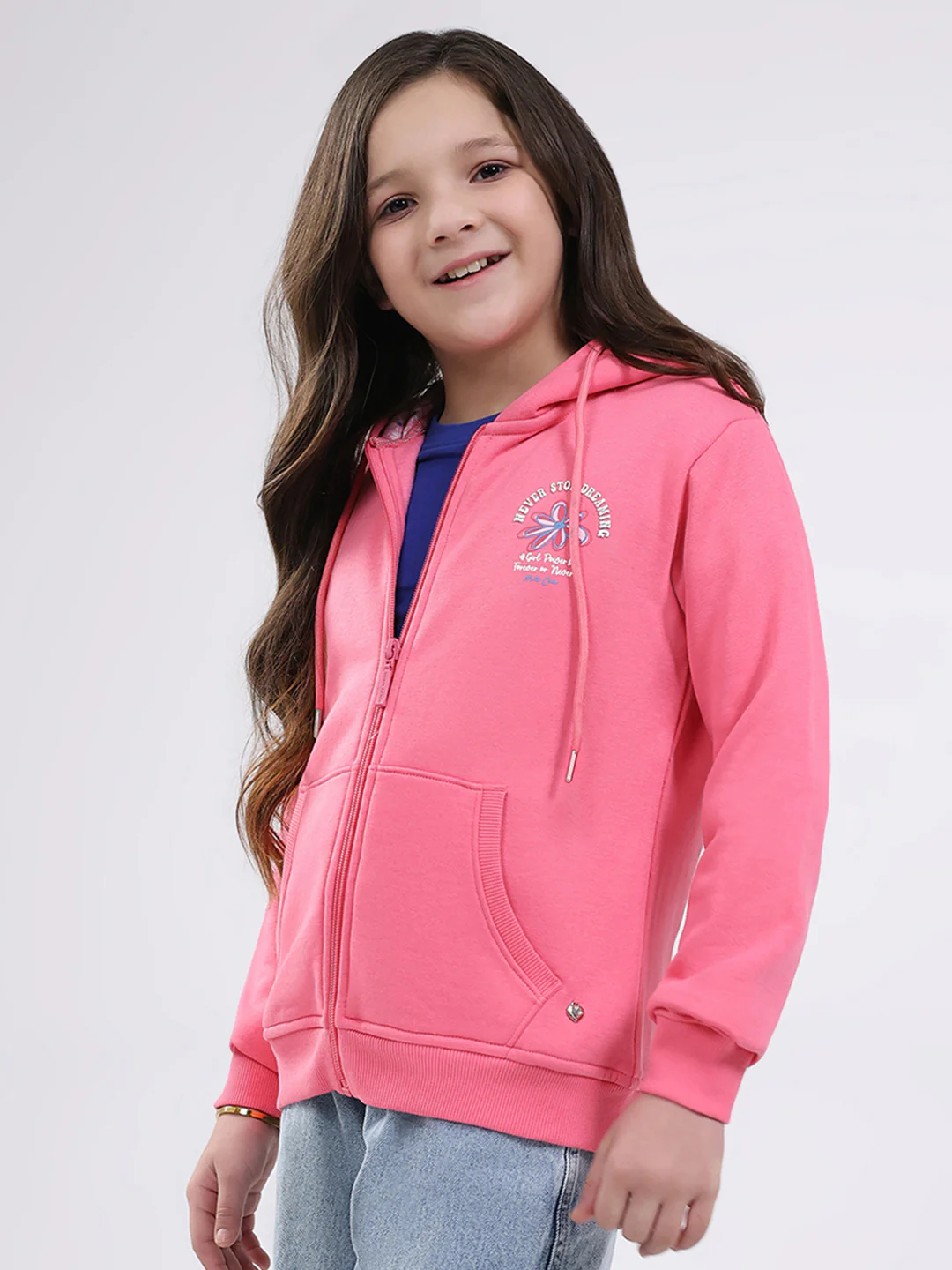 Girls Pink Printed Hooded Full Sleeve Sweatshirt - Image 3
