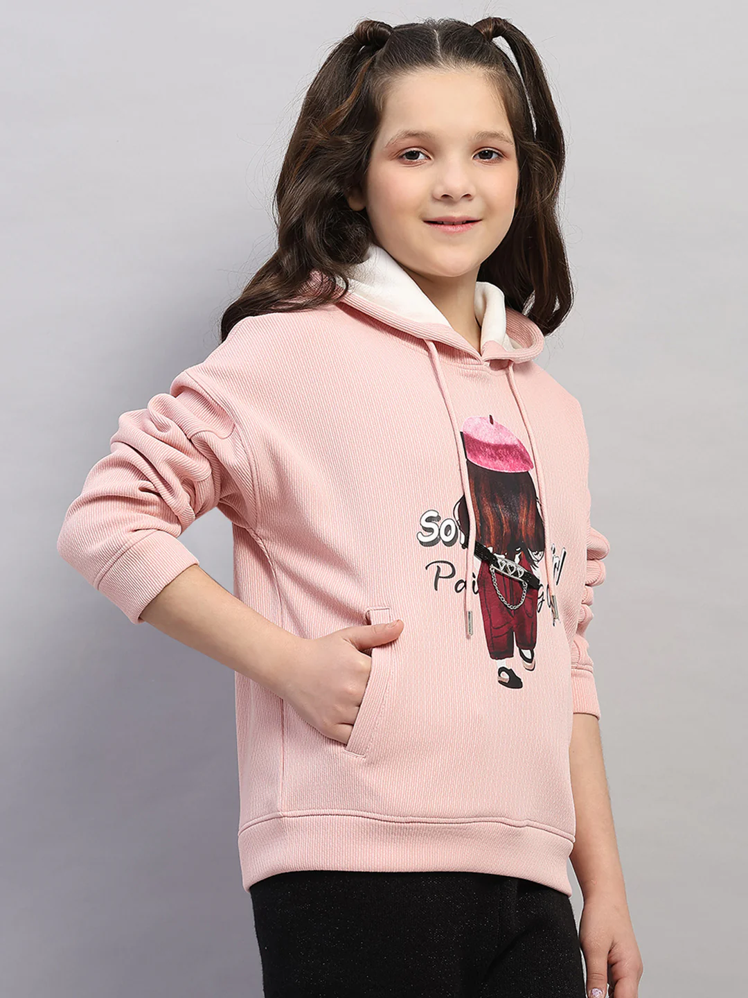 Girls Pink Printed Hooded Full Sleeve Sweatshirt - Image 4