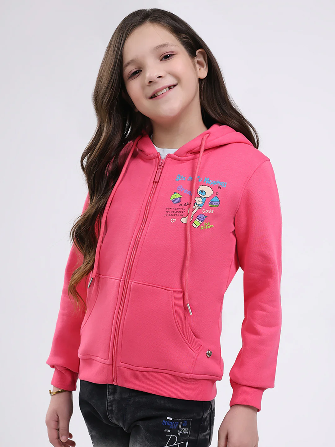 Girls Pink Printed Hooded Full Sleeve Sweatshirt - Image 3