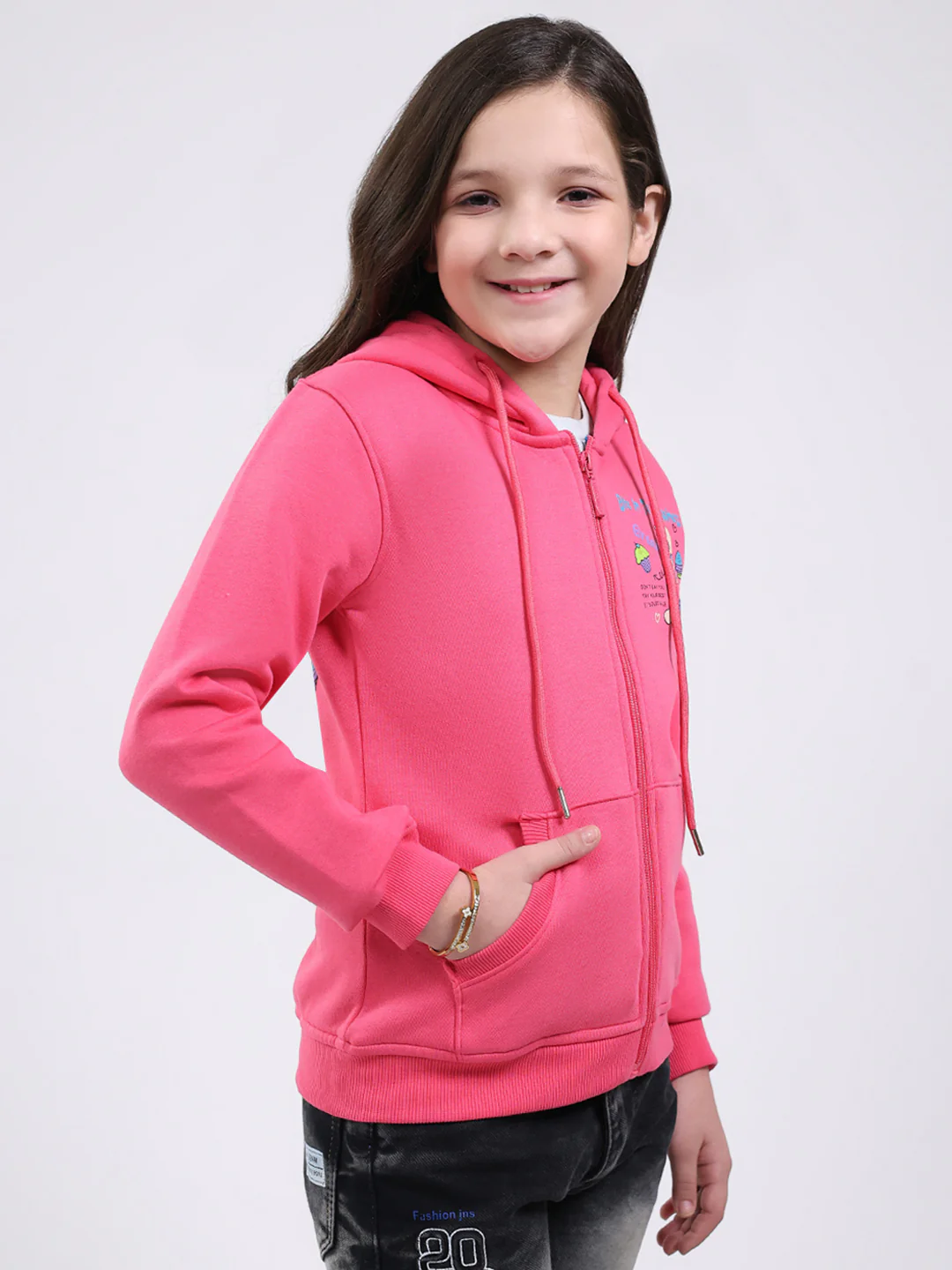 Girls Pink Printed Hooded Full Sleeve Sweatshirt - Image 4