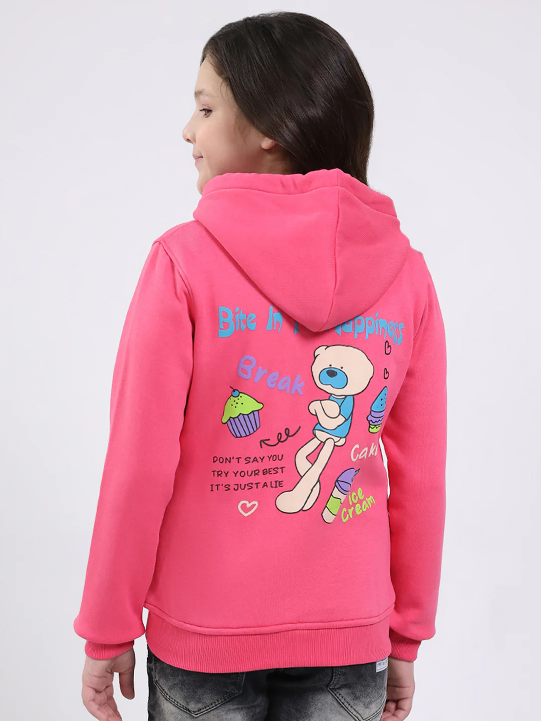 Girls Pink Printed Hooded Full Sleeve Sweatshirt - Image 5