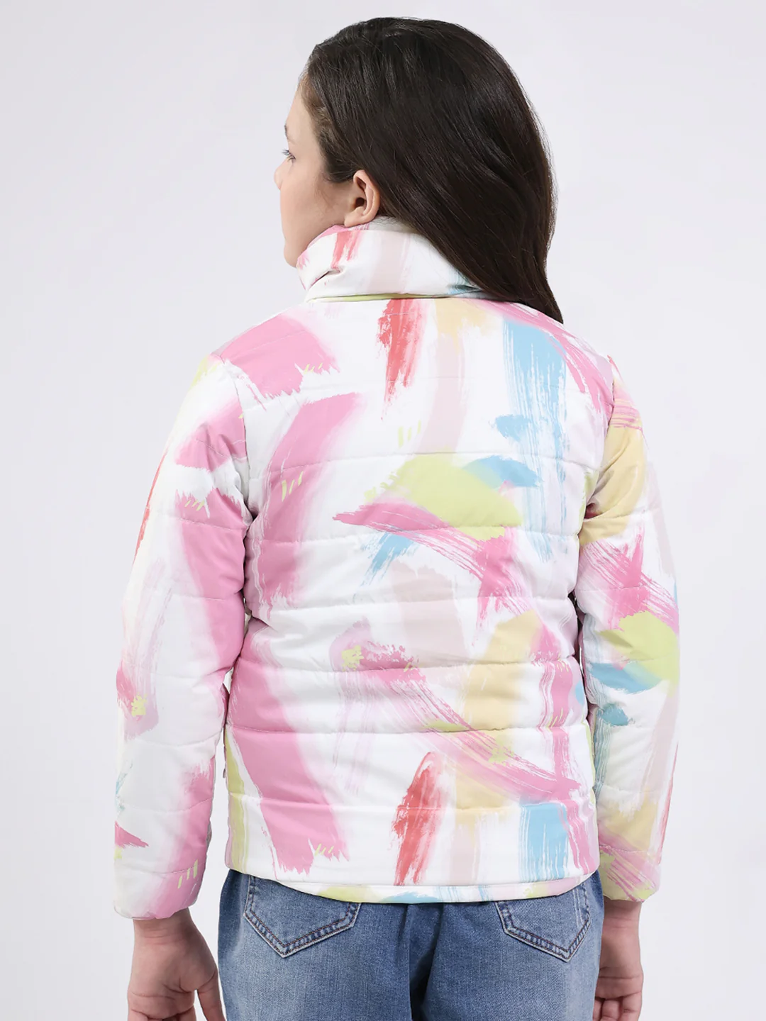Girls Pink Printed Mock Neck Full Sleeve Jacket - Image 5