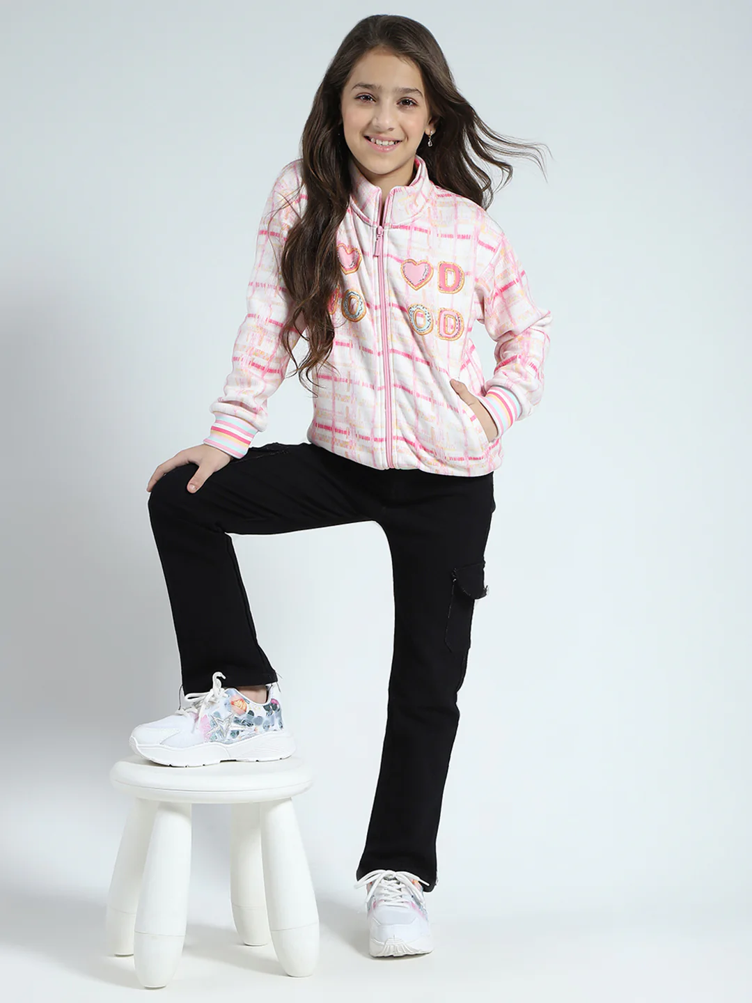 Girls Pink Printed Mock Neck Full Sleeve Sweatshirt - Image 2