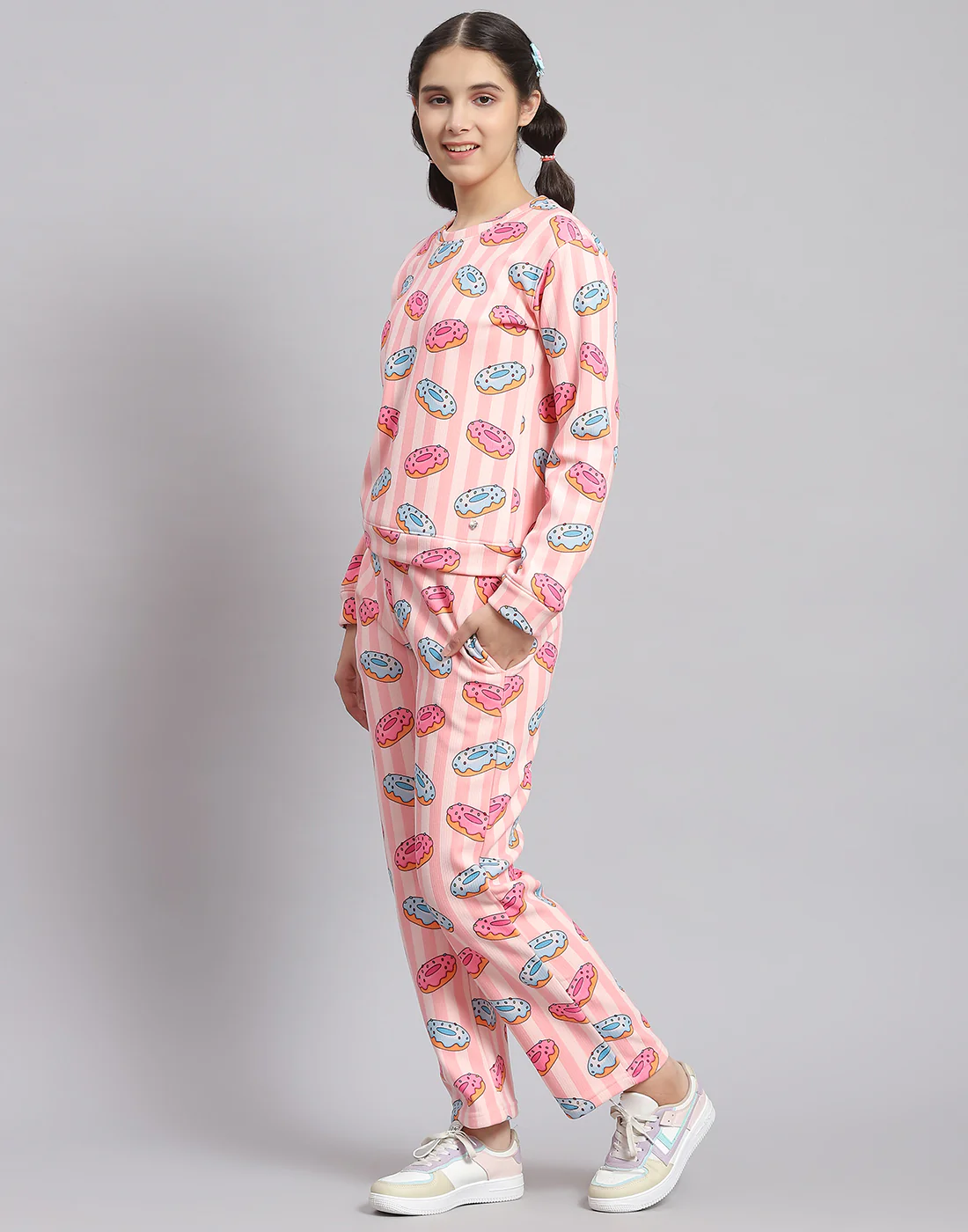 Girls Pink Printed Round Neck Full Sleeve Cords Set - Image 3