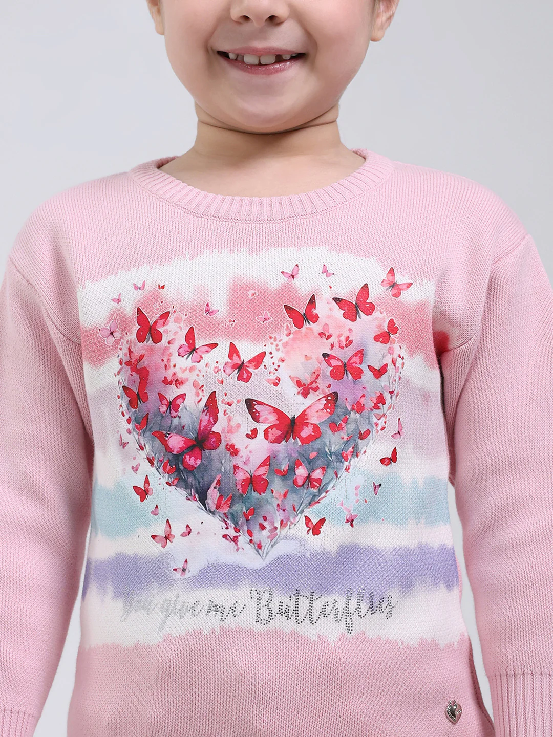 Girls Pink Printed Round Neck Full Sleeve Pullover - Image 7