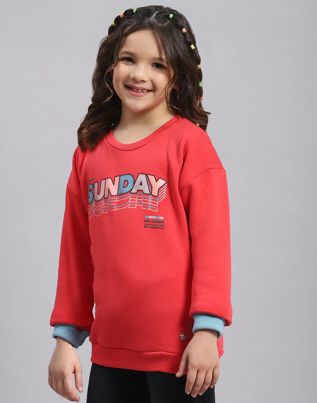 Girls Pink Printed Round Neck Full Sleeve Sweatshirt - Image 3