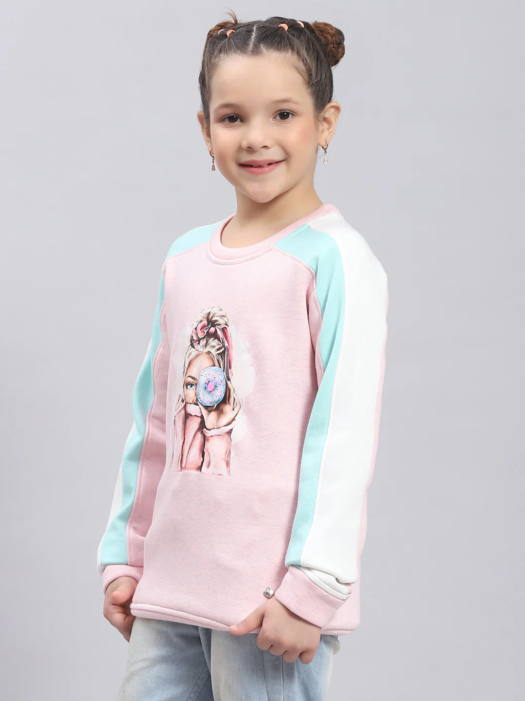 Girls Pink Printed Round Neck Full Sleeve Sweatshirt - Image 3