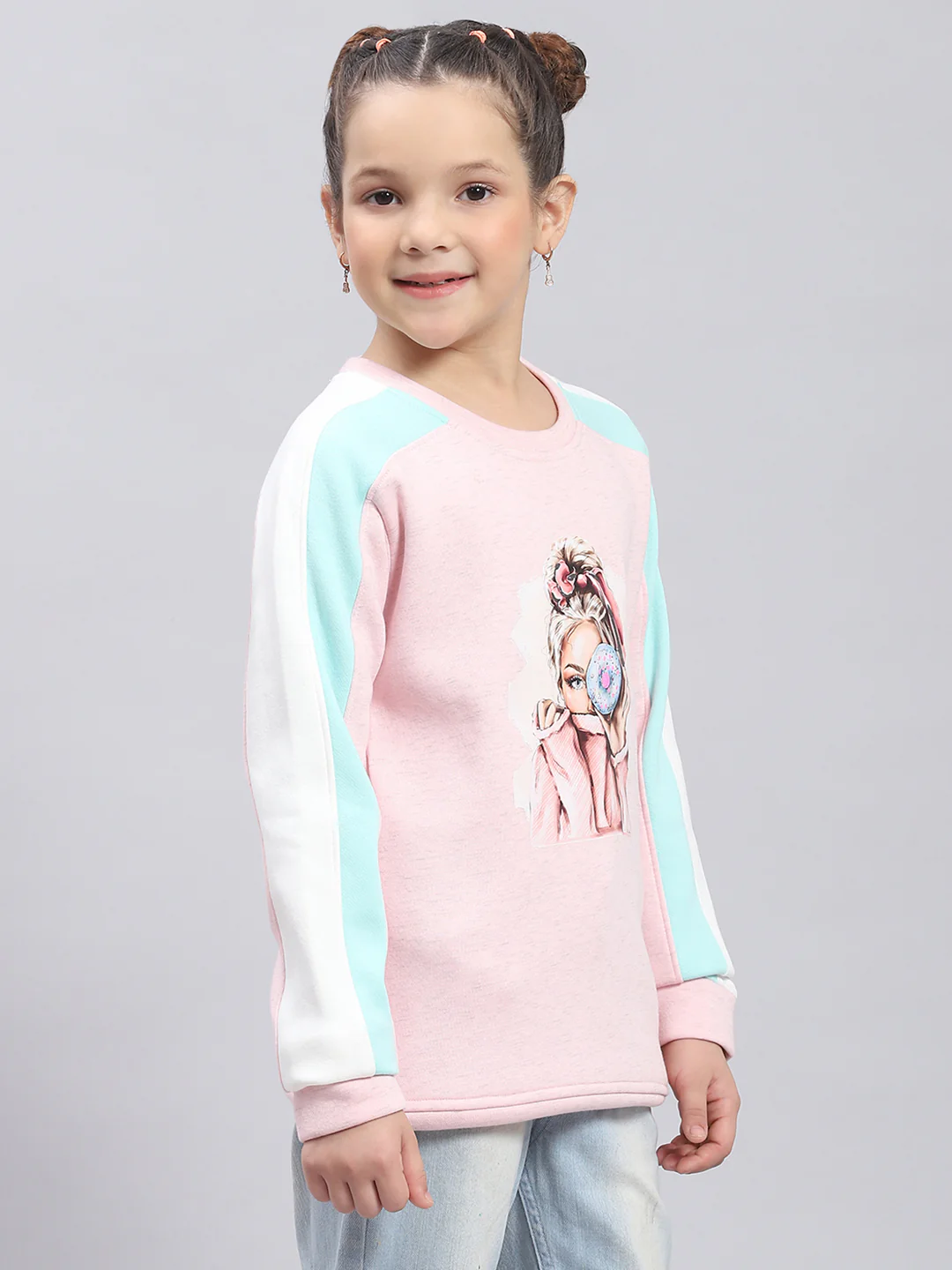 Girls Pink Printed Round Neck Full Sleeve Sweatshirt - Image 4