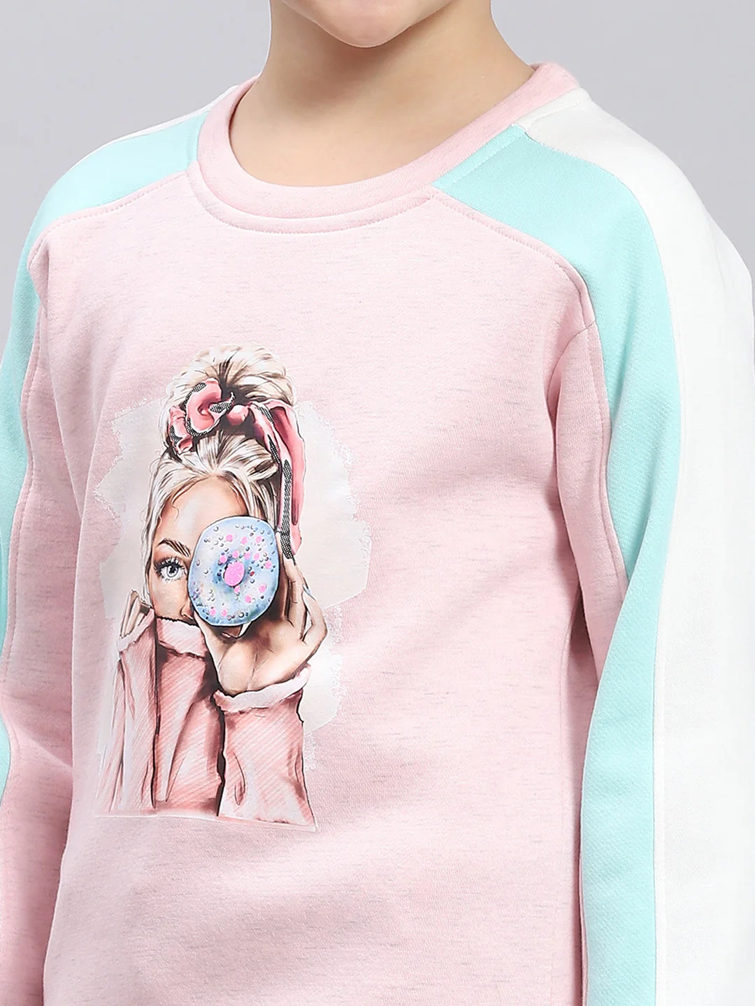 Girls Pink Printed Round Neck Full Sleeve Sweatshirt - Image 6