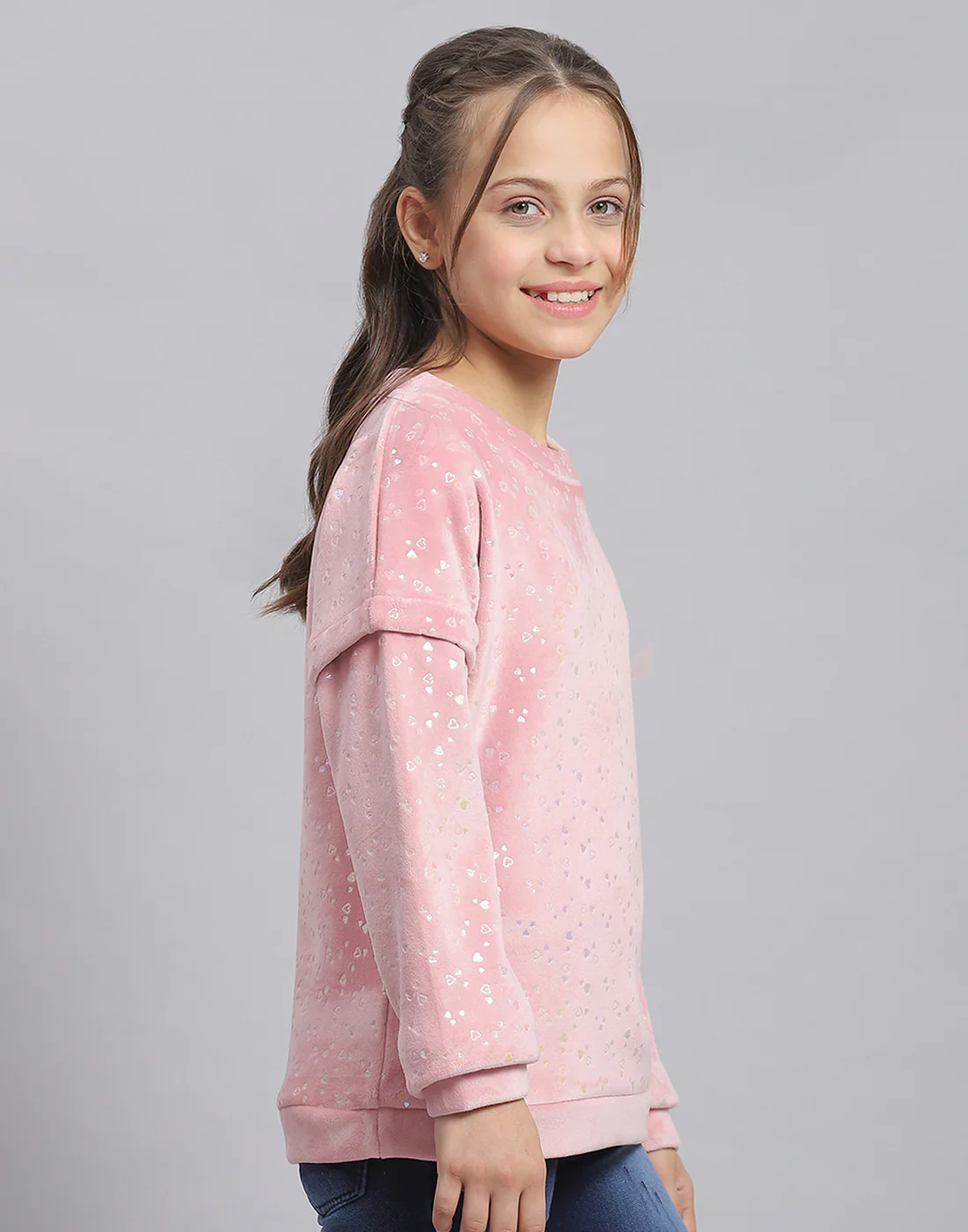 Girls Pink Printed Round Neck Full Sleeve Sweatshirt - Image 4