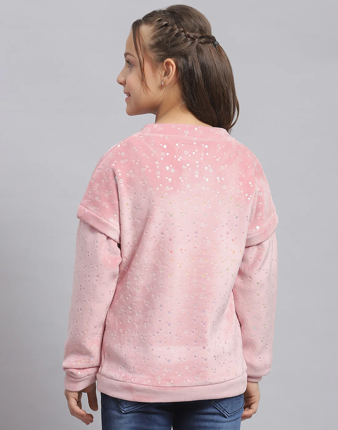 Girls Pink Printed Round Neck Full Sleeve Sweatshirt - Image 5