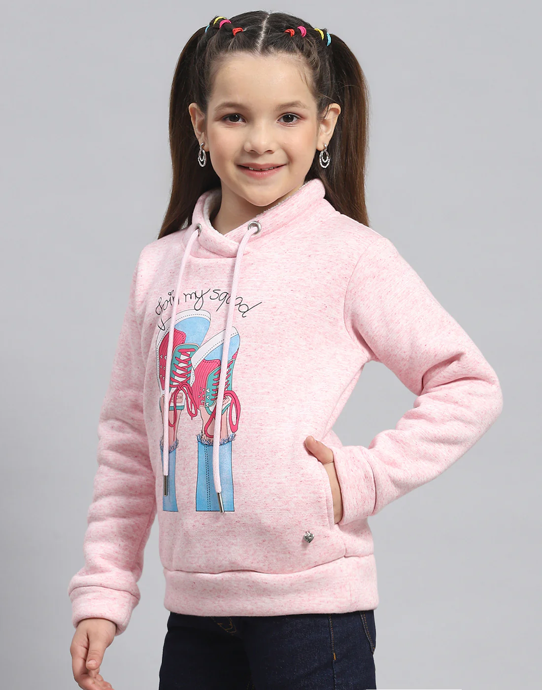 Girls Pink Printed Round Neck Full Sleeve Sweatshirt - Image 3