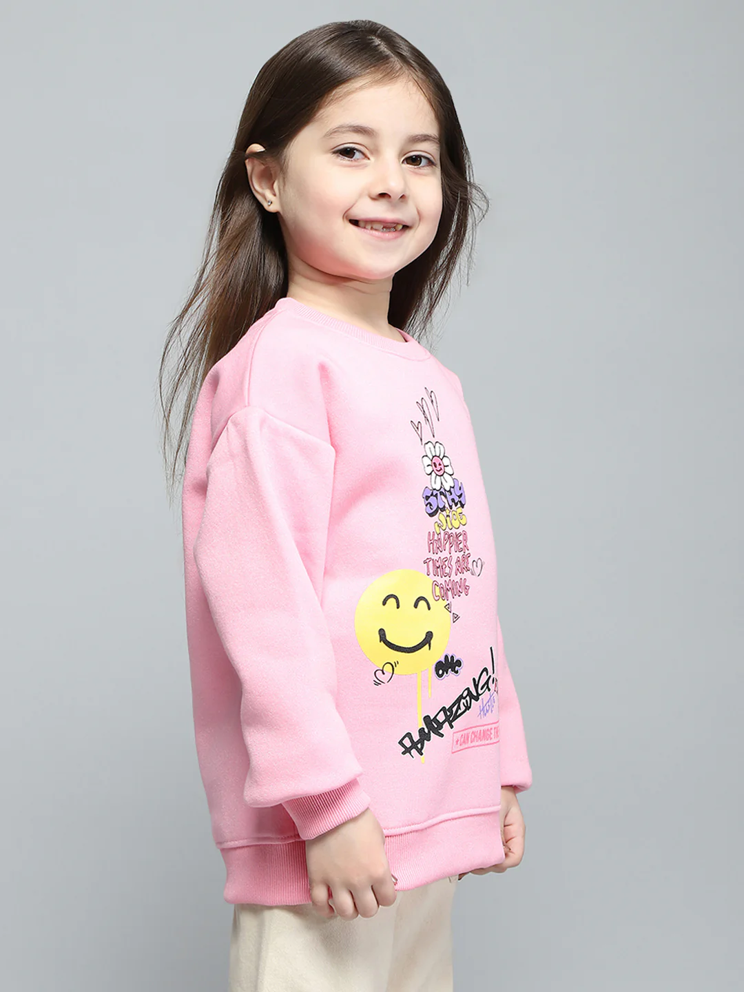 Girls Pink Printed Round Neck Full Sleeve Sweatshirt - Image 4