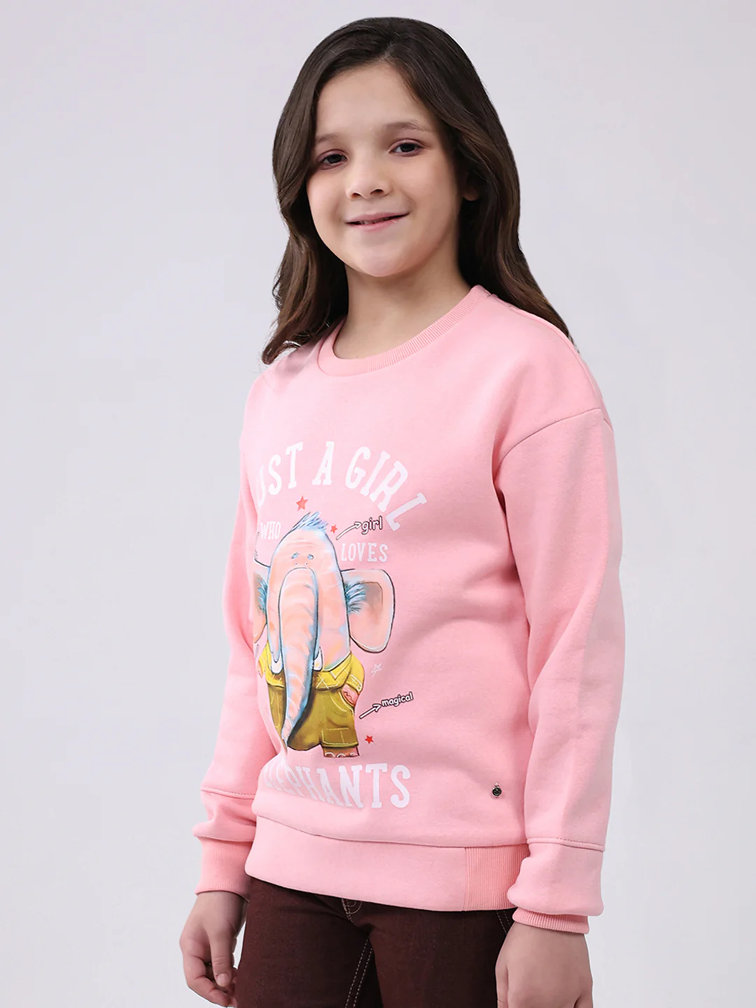 Girls Pink Printed Round Neck Full Sleeve Sweatshirt - Image 3