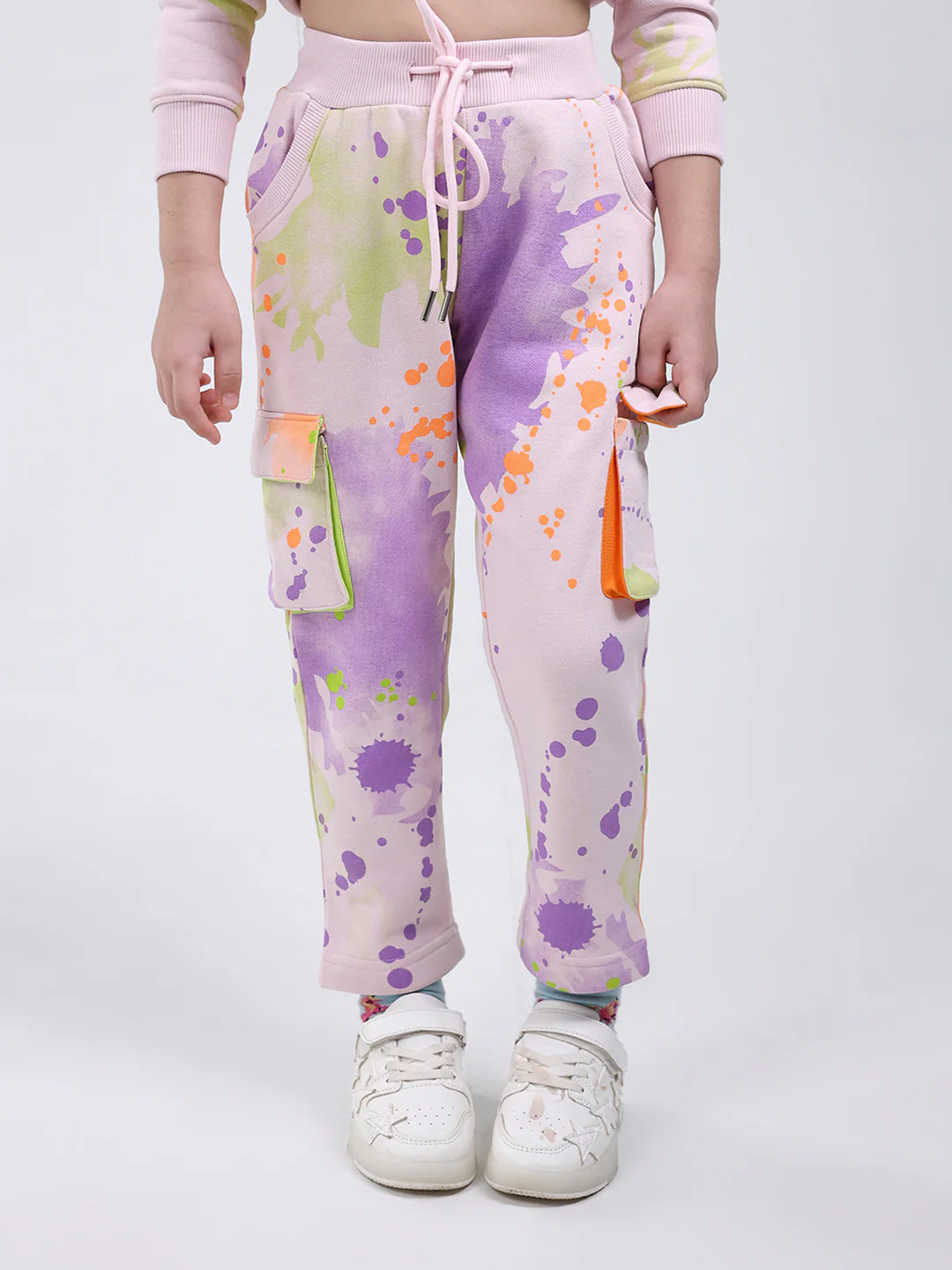 Girls Pink Printed Round Neck Full Sleeve Tracksuit - Image 7