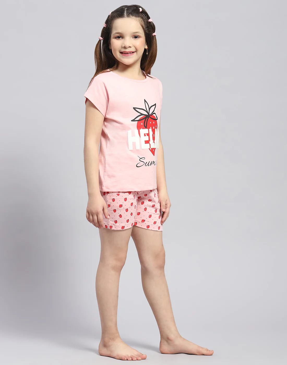 Girls Pink Printed Round Neck Half Sleeve Shorts Set - Image 4