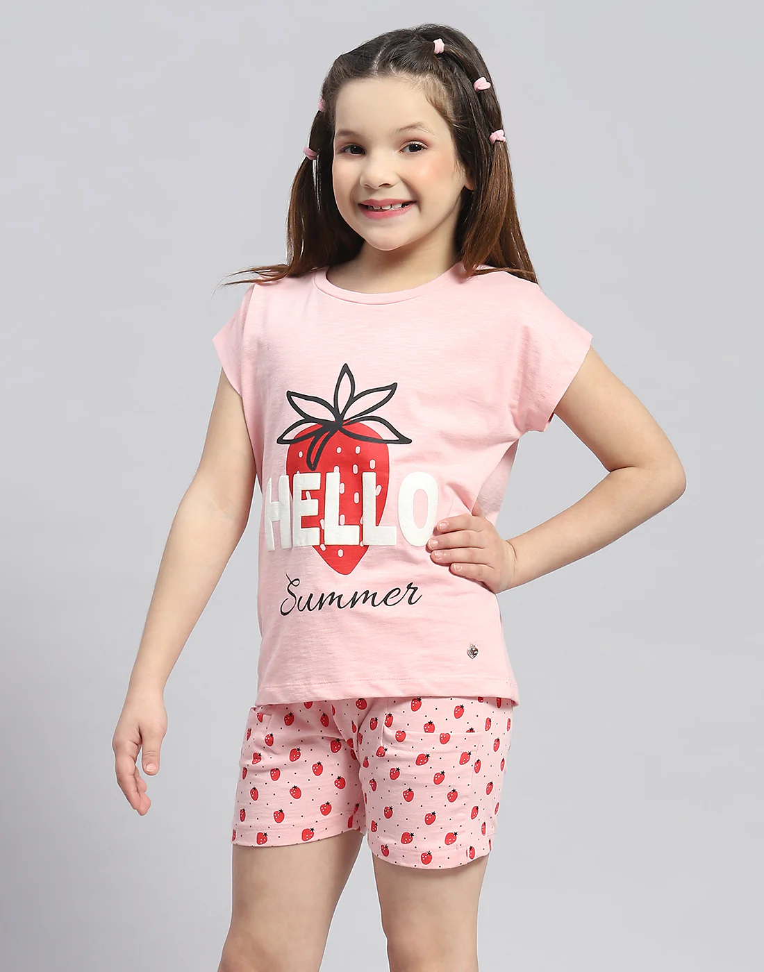 Girls Pink Printed Round Neck Half Sleeve Shorts Set - Image 6