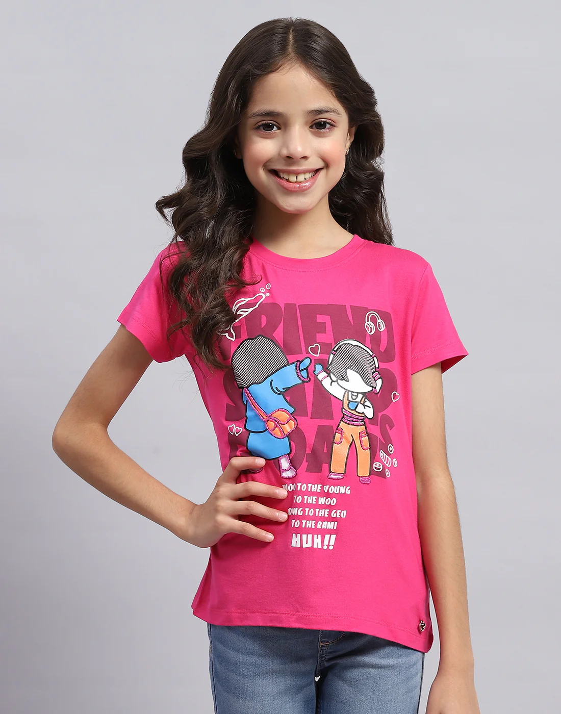 Girls Pink Printed Round Neck Half Sleeve Top - Image 2