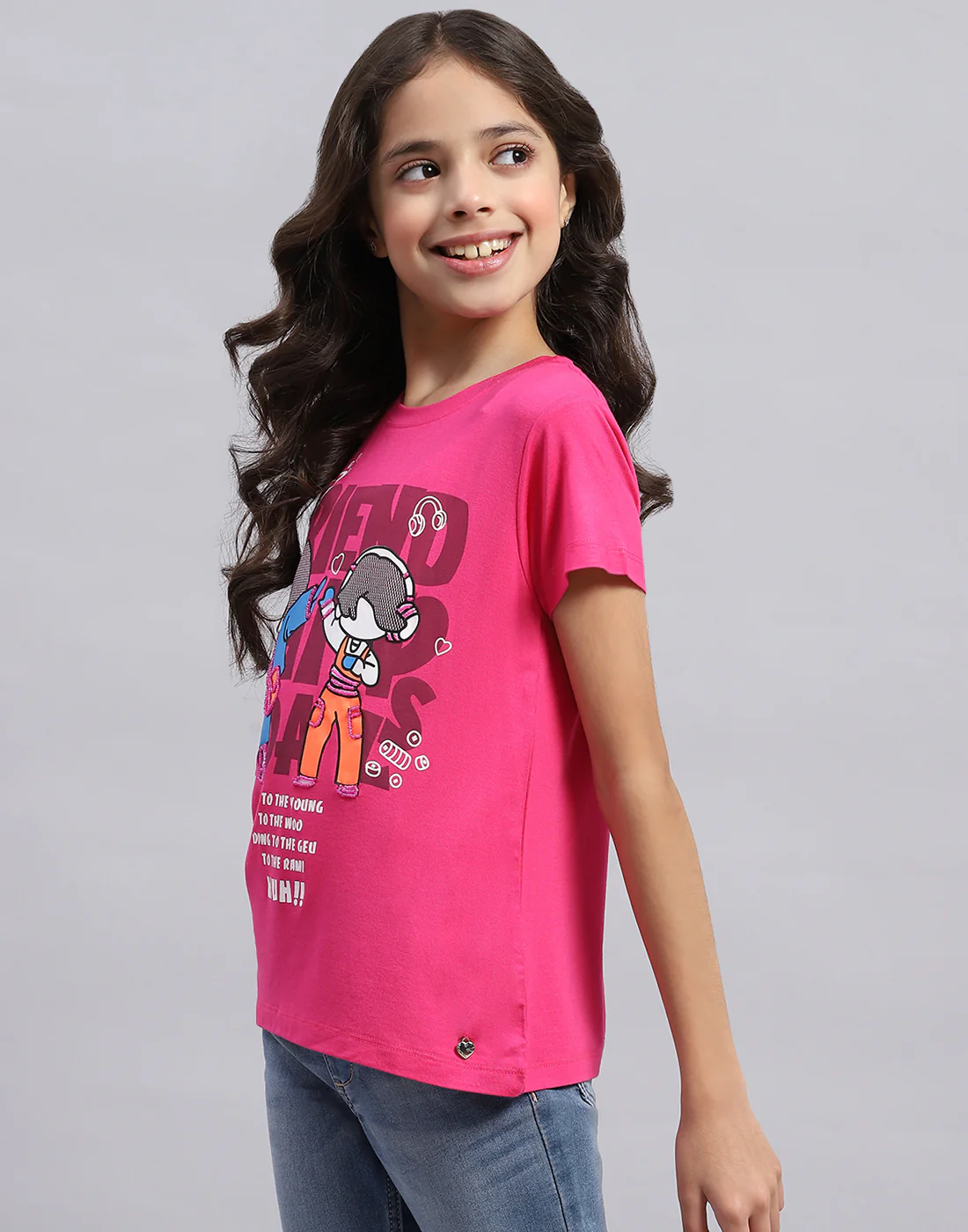 Girls Pink Printed Round Neck Half Sleeve Top - Image 3