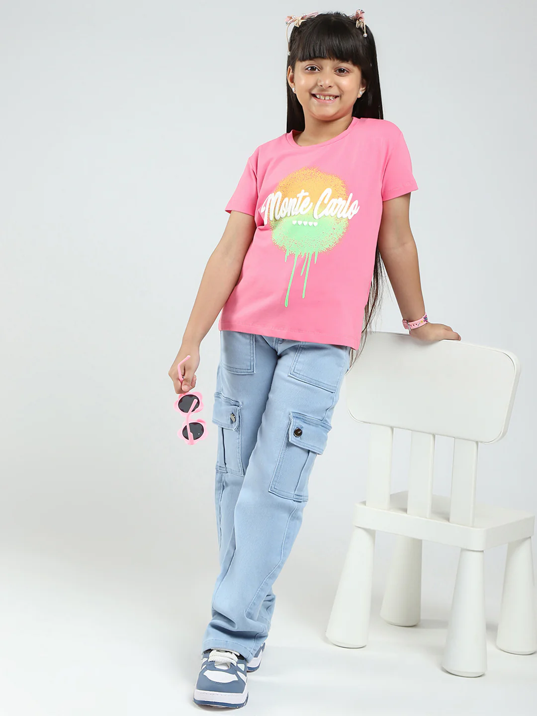 Girls Pink Printed Round Neck Half Sleeve Top - Image 2