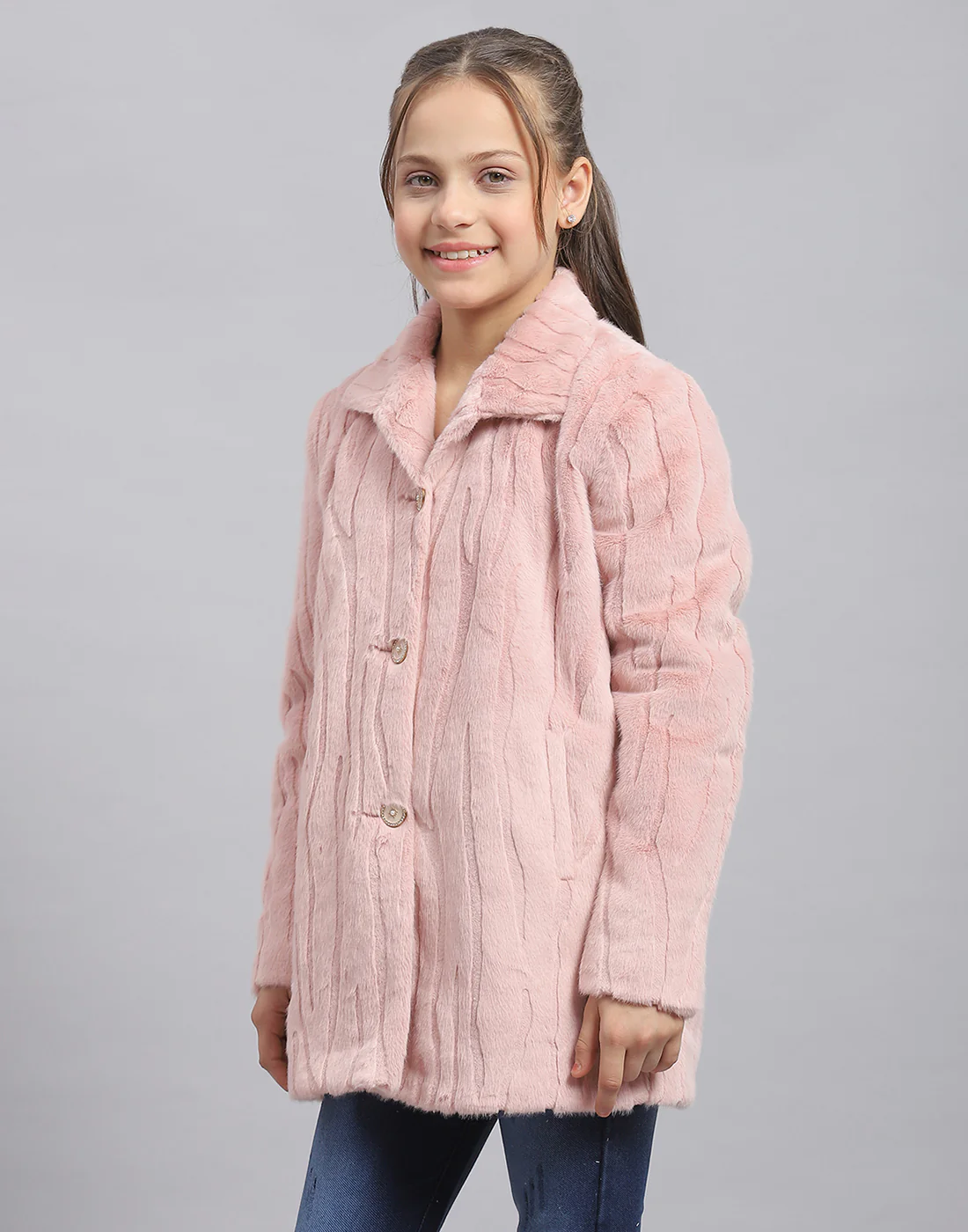 Girls Pink Self Design Collar Full Sleeve Coat - Image 4