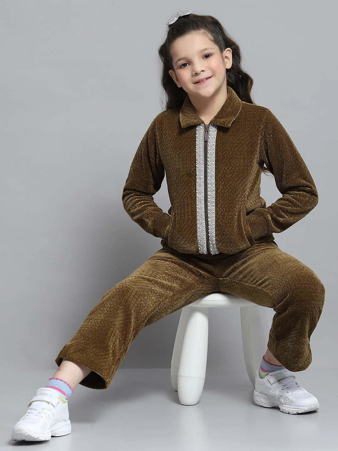 Girls Brown Self Design Collar Full Sleeve Cords Set - Image 2