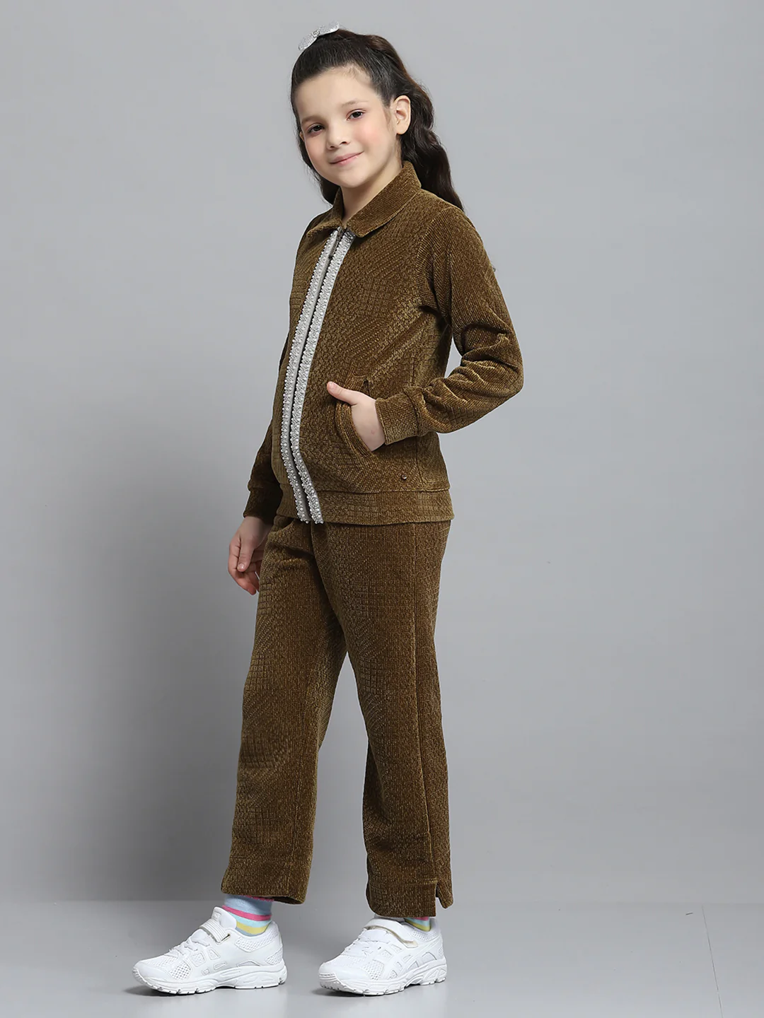 Girls Brown Self Design Collar Full Sleeve Cords Set - Image 3