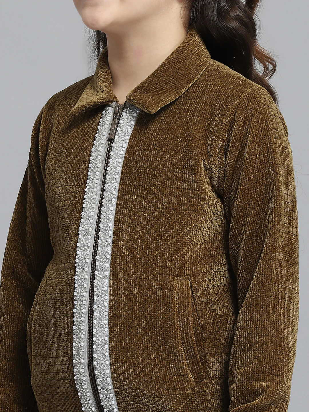 Girls Brown Self Design Collar Full Sleeve Cords Set - Image 6