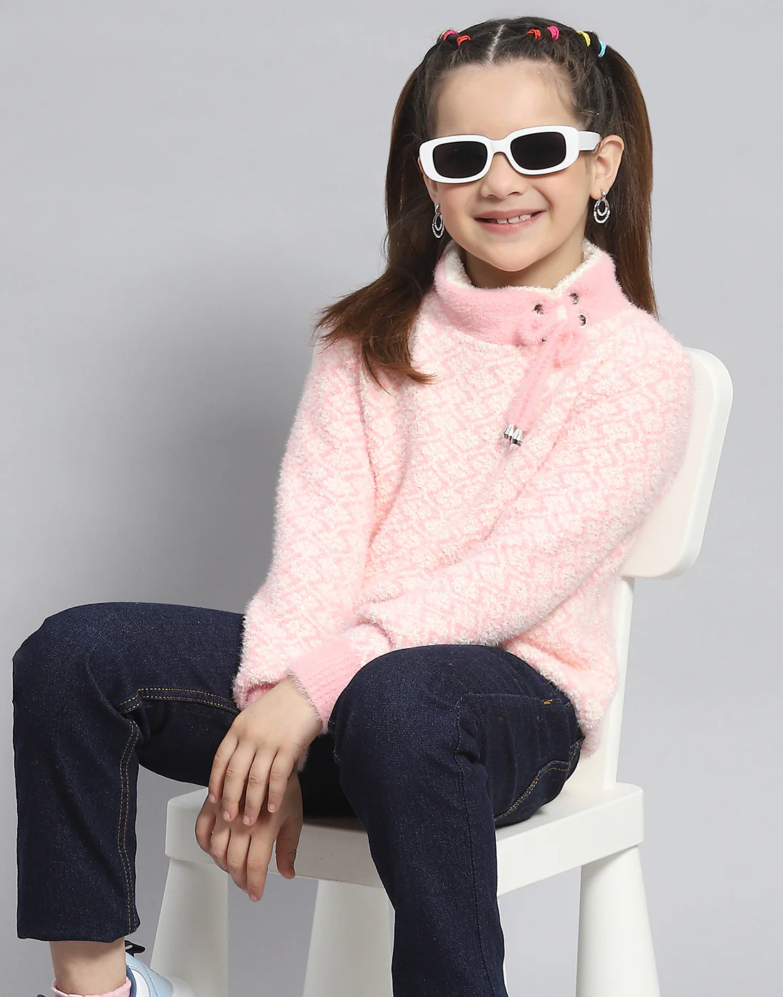 Girls Pink Self Design H Neck Full Sleeve Sweater - Image 6