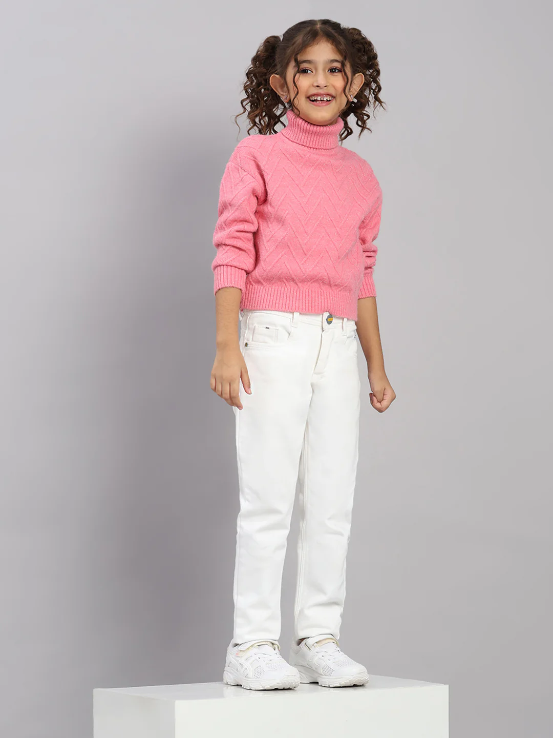 Girls Pink Self Design High Neck Full Sleeve Pullover - Image 2