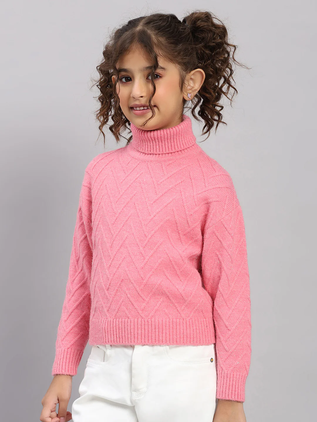 Girls Pink Self Design High Neck Full Sleeve Pullover - Image 3