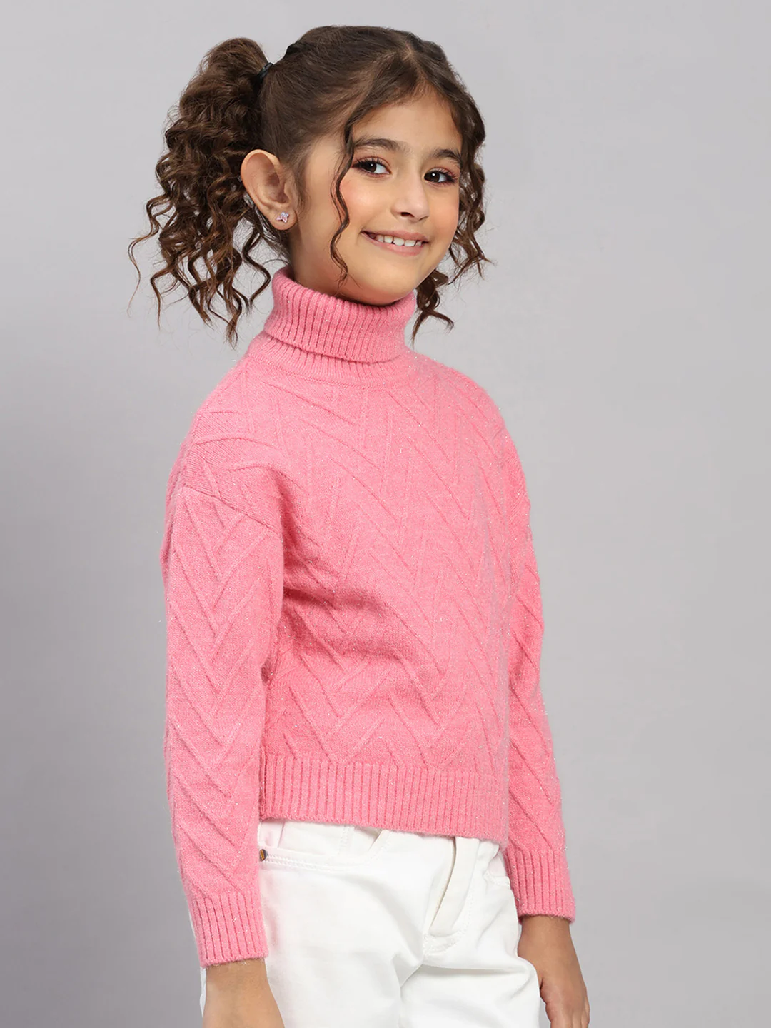 Girls Pink Self Design High Neck Full Sleeve Pullover - Image 4
