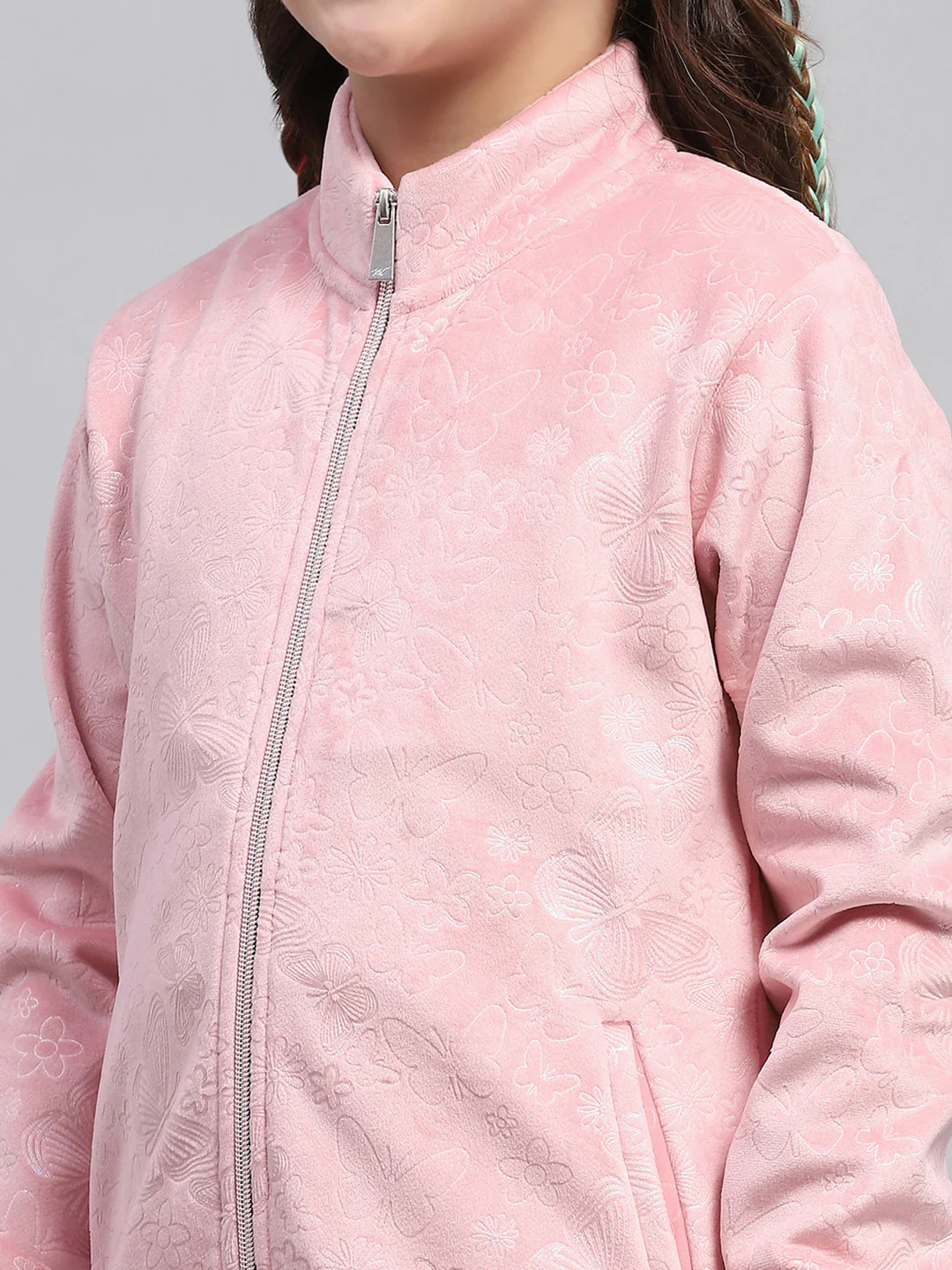 Girls Pink Self Design Mock Neck Full Sleeve Sweatshirt - Image 6