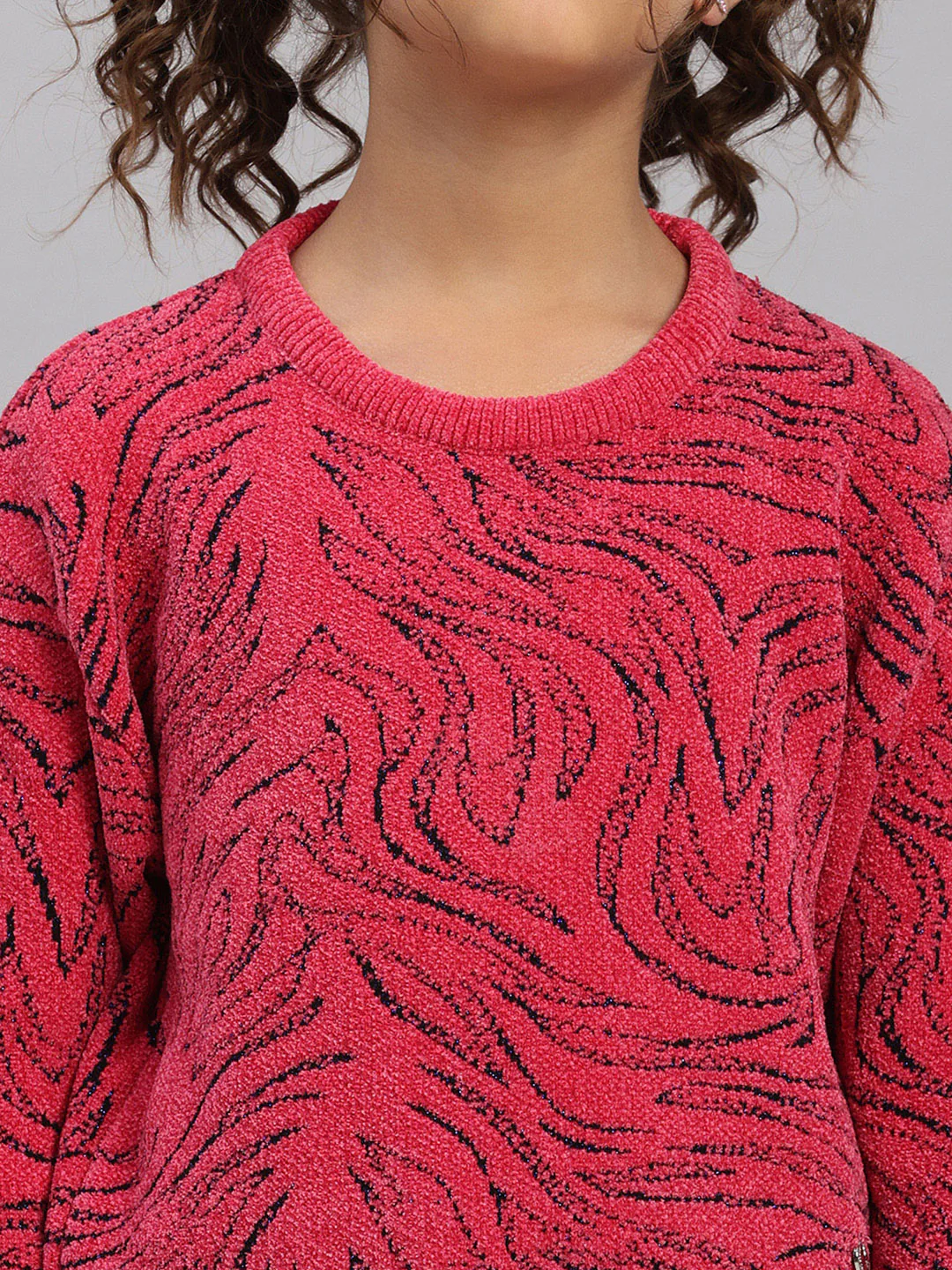 Girls Pink Self Design Round Neck Full Sleeve Pullover - Image 6