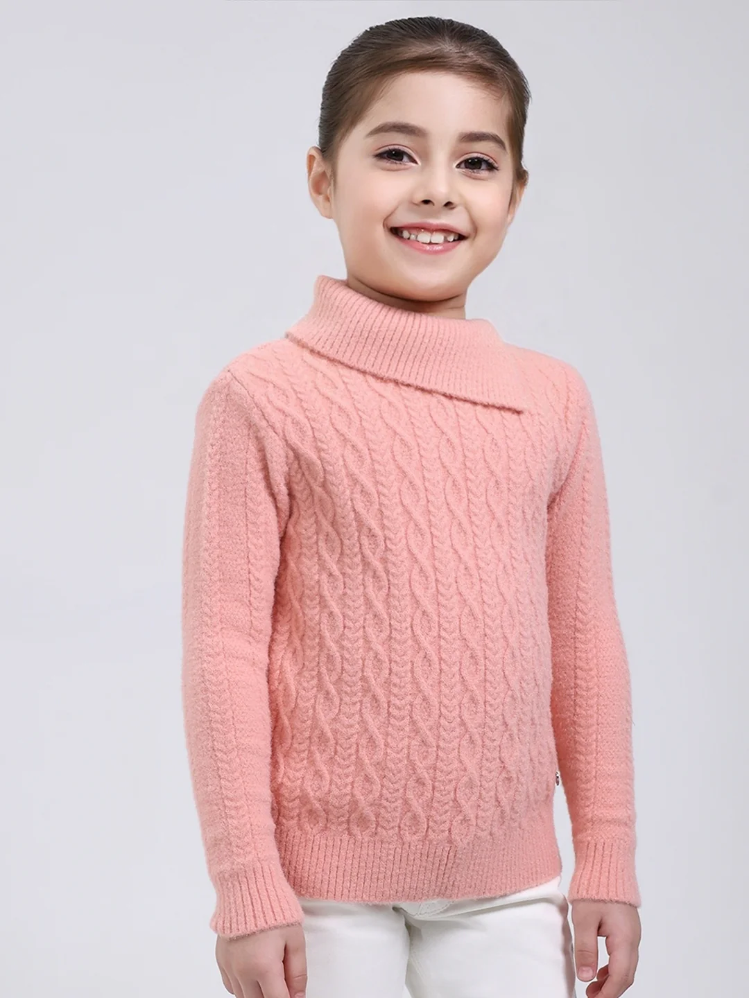 Girls Pink Self Design Round Neck Full Sleeve Pullover - Image 4