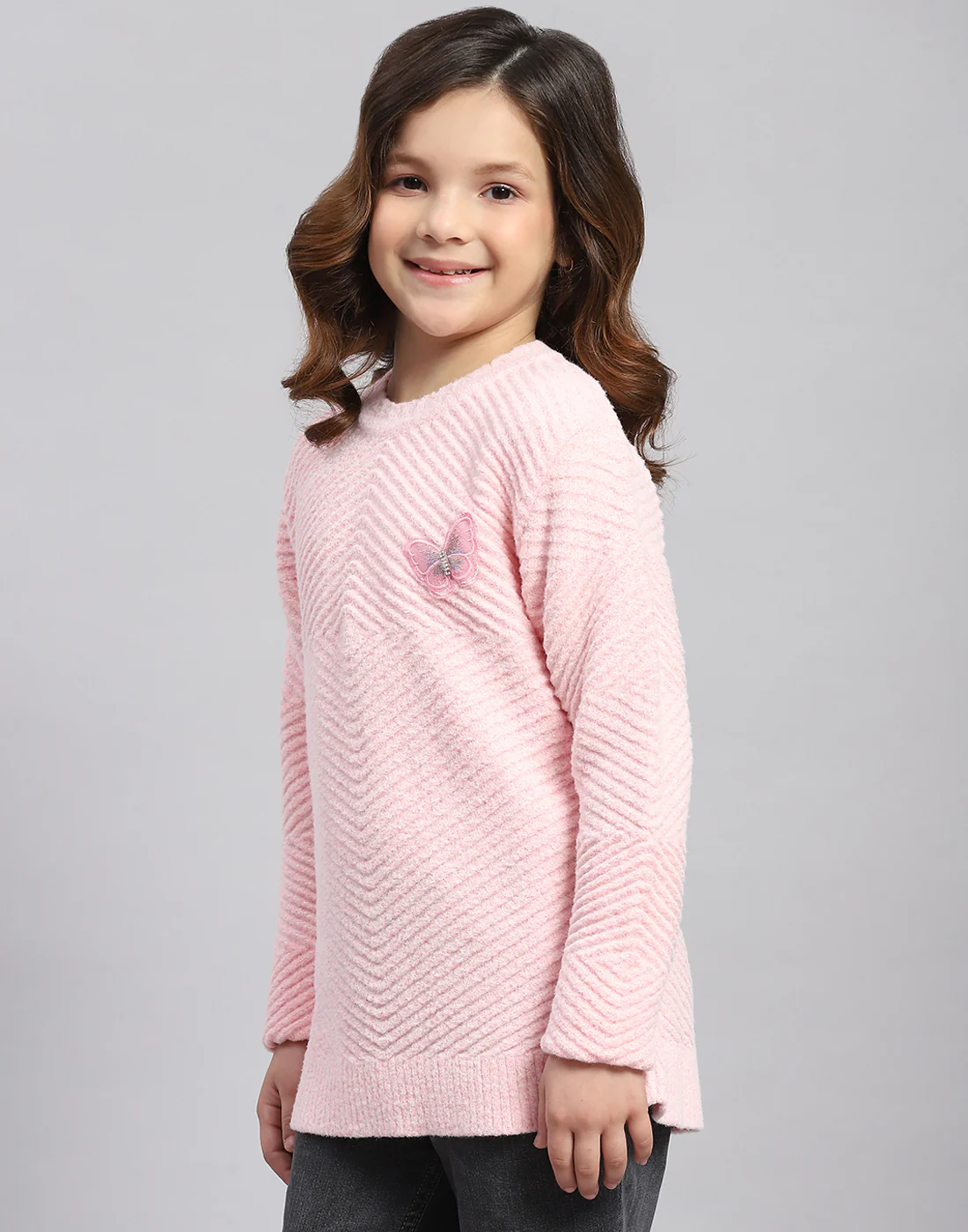 Girls Pink Self Design Round Neck Full Sleeve Sweater - Image 3