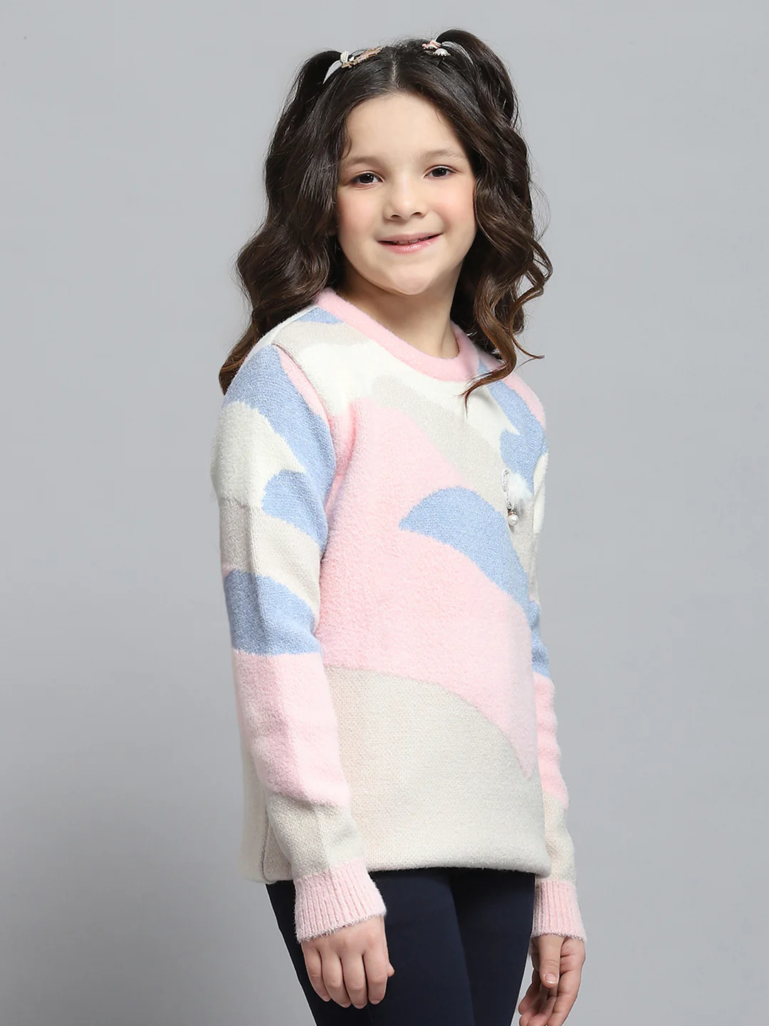 Girls Pink Self Design Round Neck Full Sleeve Winter Top - Image 4
