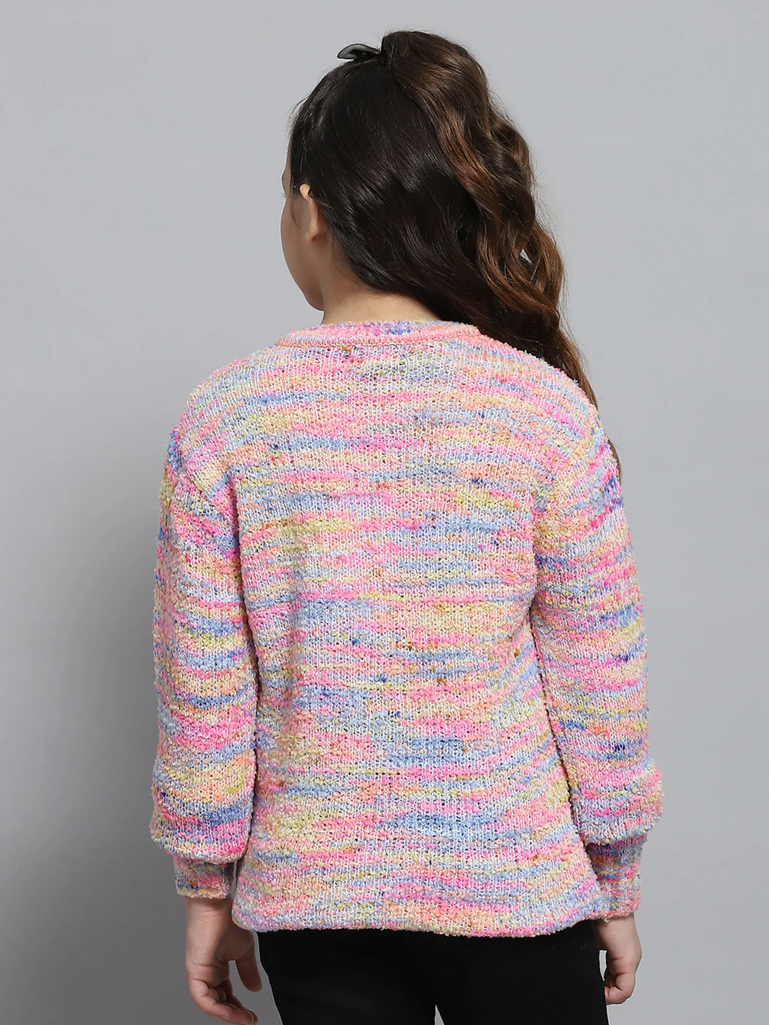 Girls Pink Self Design Round Neck Full Sleeve Winter Top - Image 5
