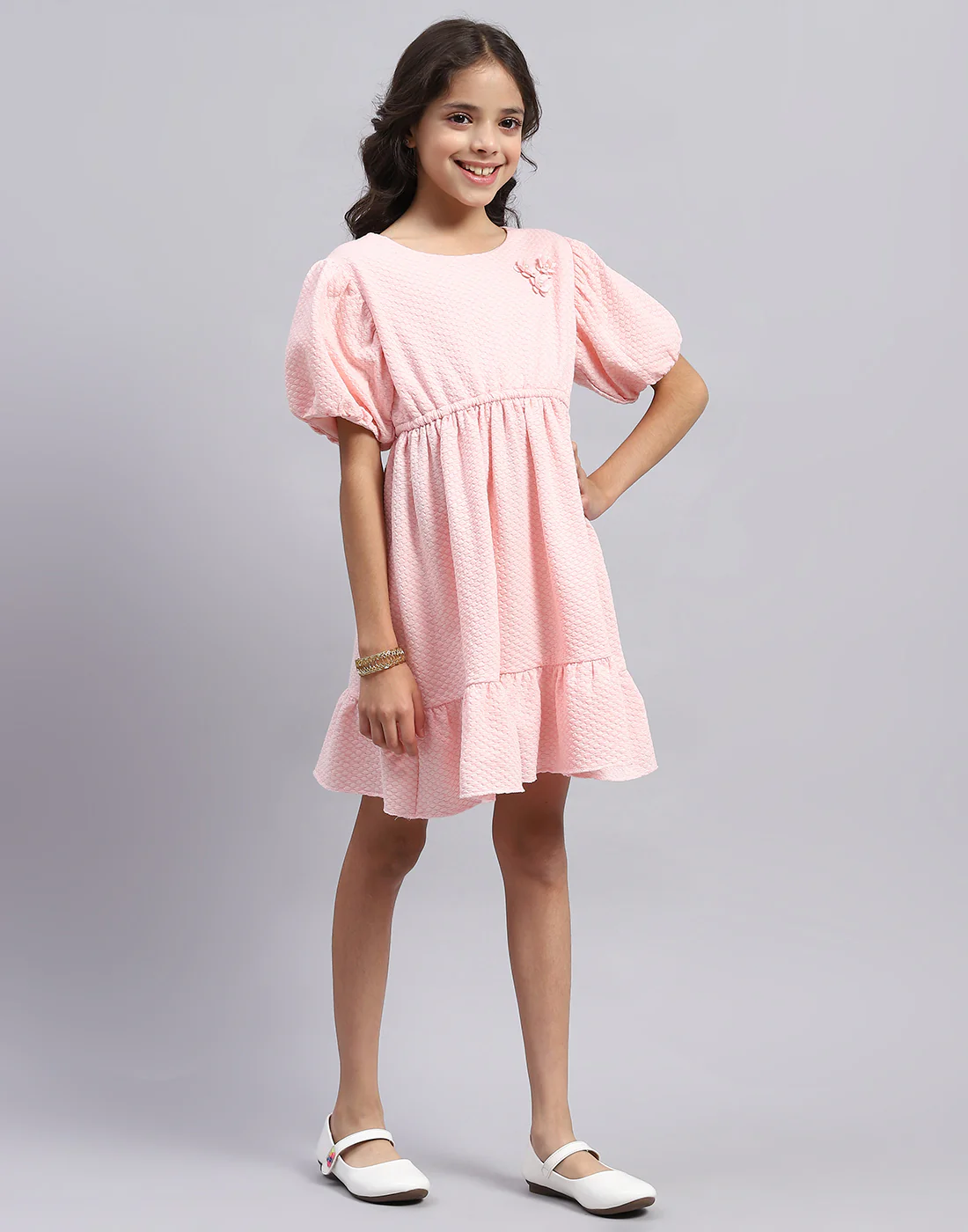 Girls Pink Self Design Round Neck Half Sleeve Dress - Image 4