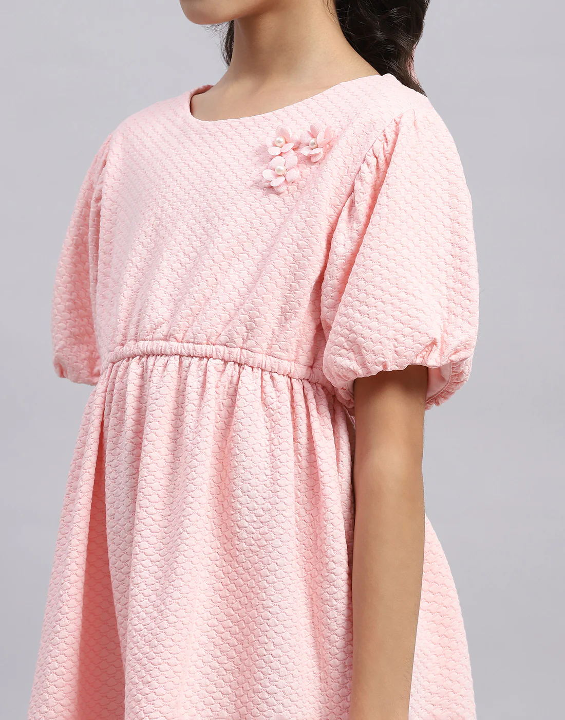 Girls Pink Self Design Round Neck Half Sleeve Dress - Image 7