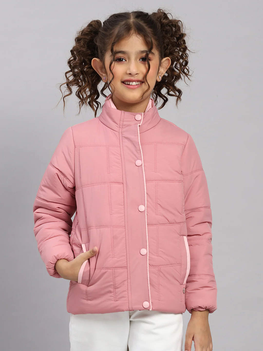 Girls Pink Solid Collar Full Sleeve Jacket