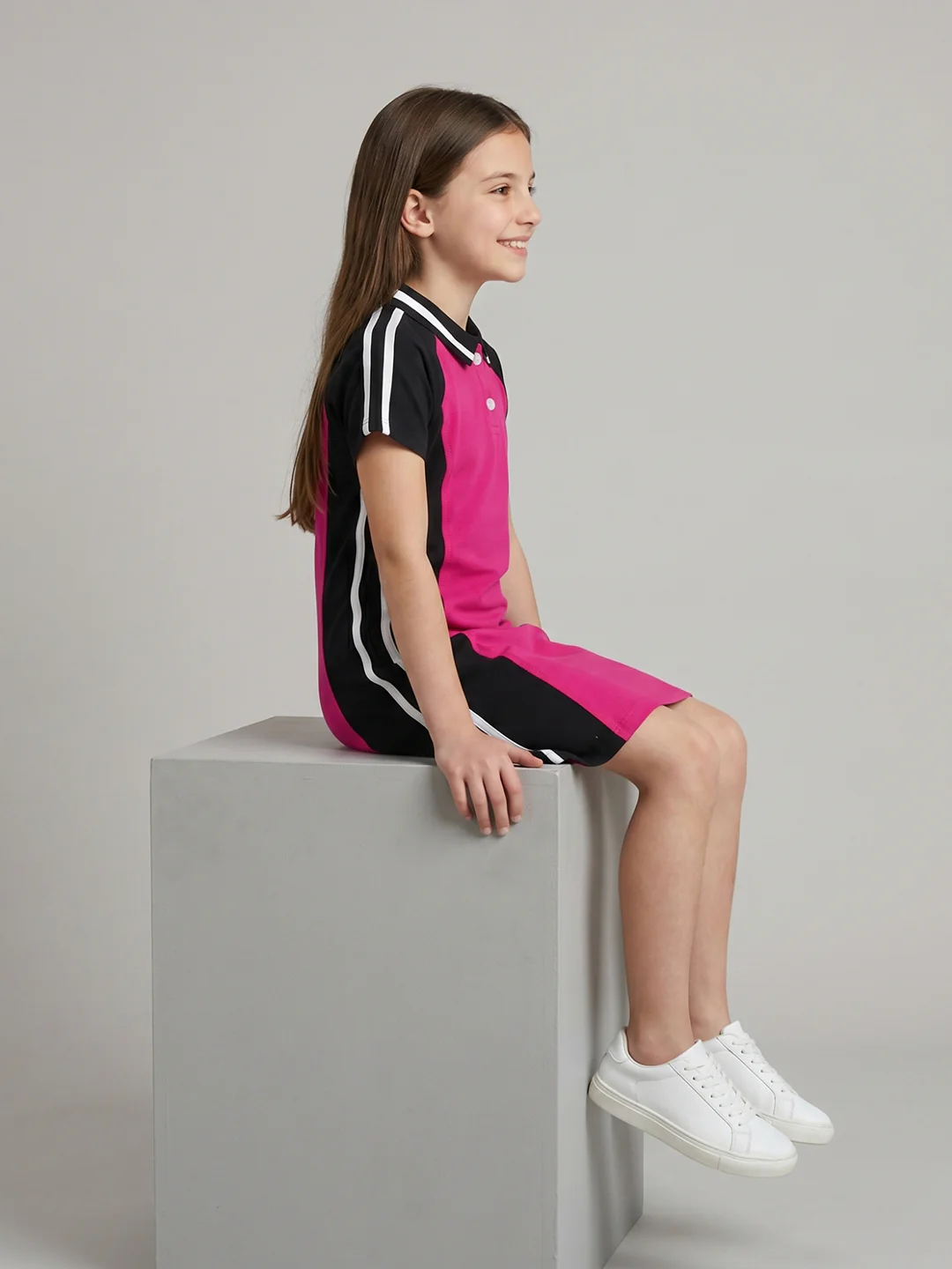 Girls Pink Solid Collar Half Sleeve Dress - Image 5