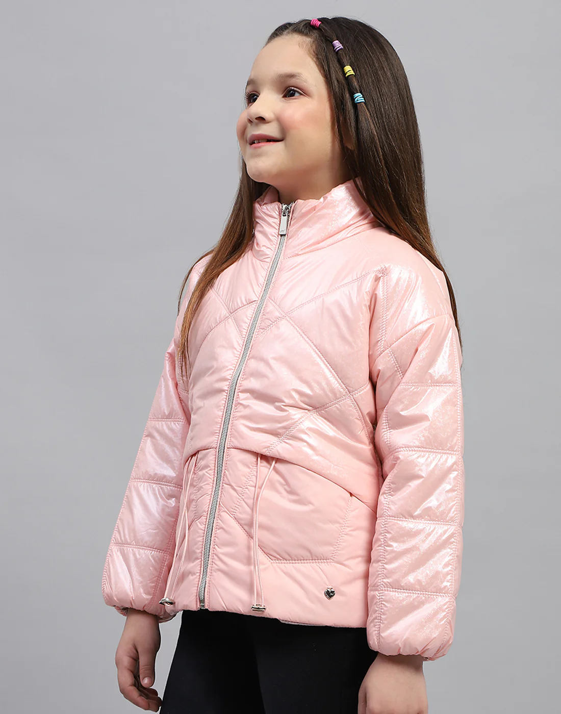 Girls Pink Solid High Neck Full Sleeve Jacket - Image 3