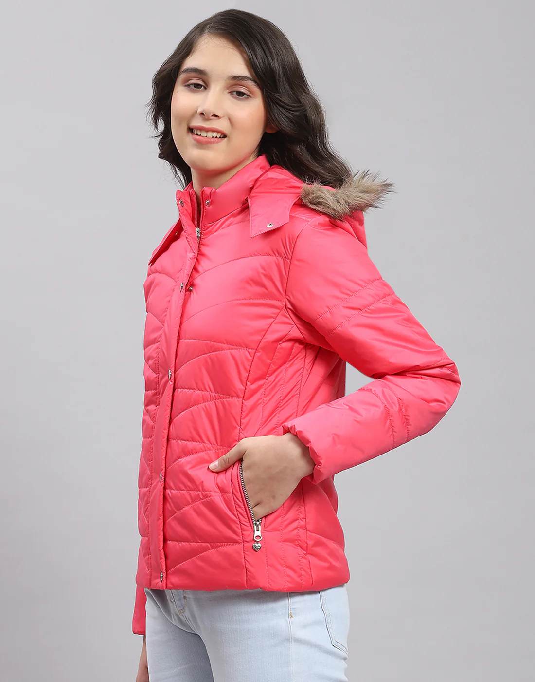 Girls Pink Solid Hooded Full Sleeve Girls Jacket - Image 3