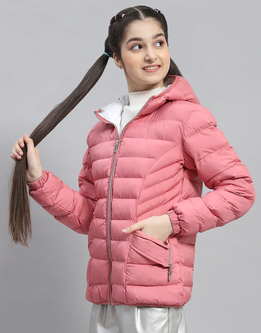 Girls Pink Solid Hooded Full Sleeve Girls Jacket - Image 3